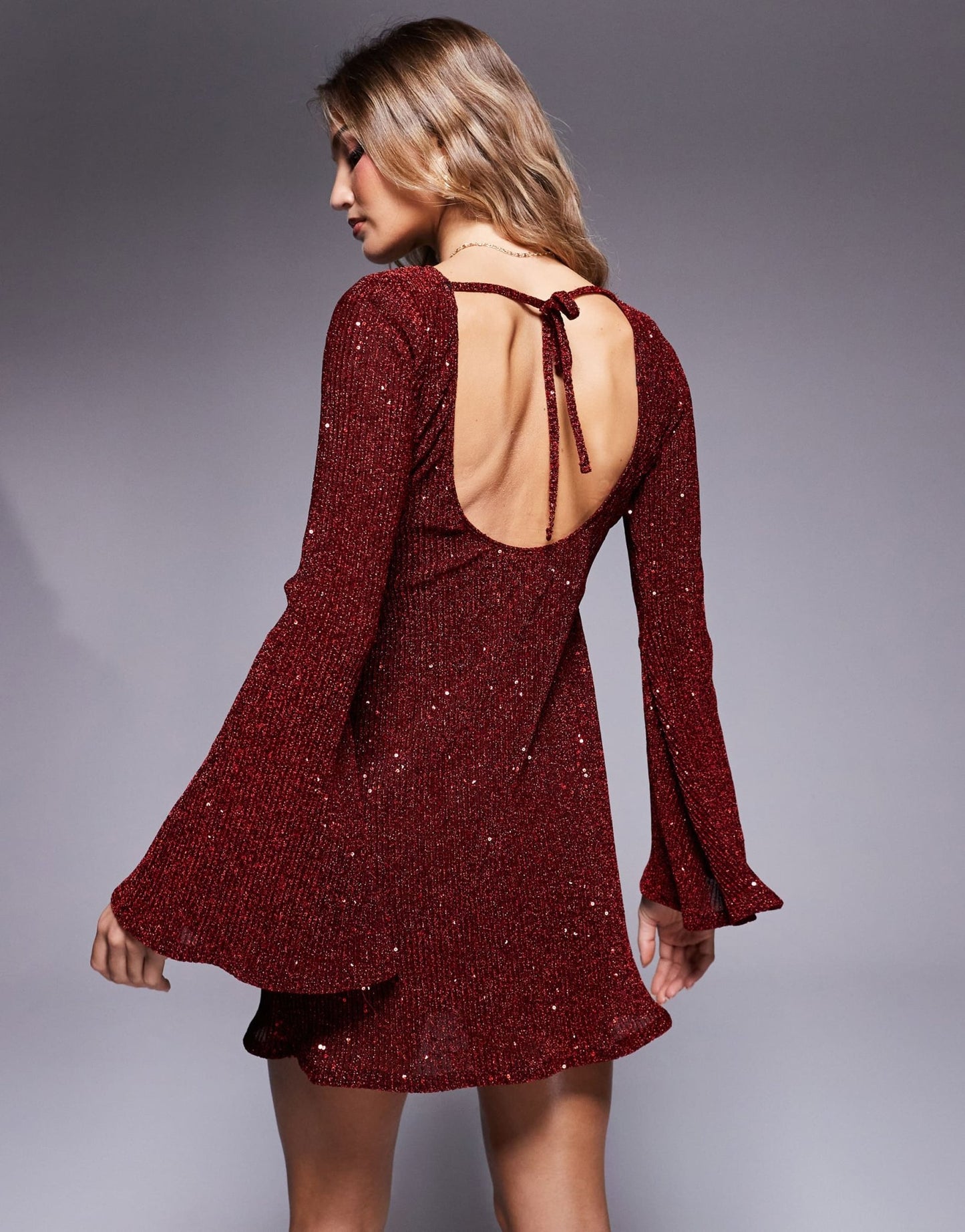 ASOS DESIGN angel sleeve sequin mini dress with low back in burgundy - ASOS Sample Sale