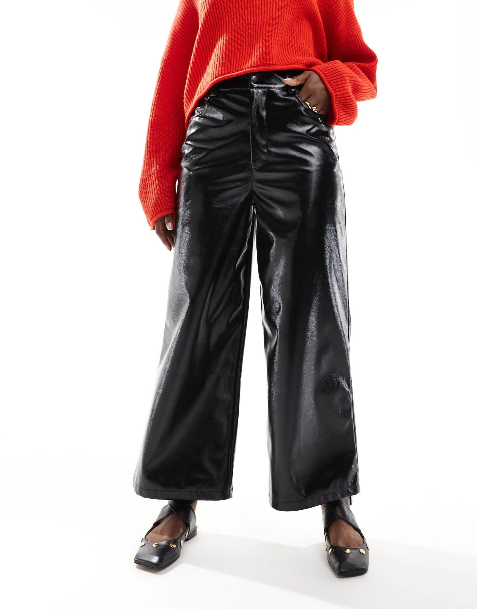 ASOS DESIGN ankle grazer wide leg high shine trouser in black - ASOS Sample Sale