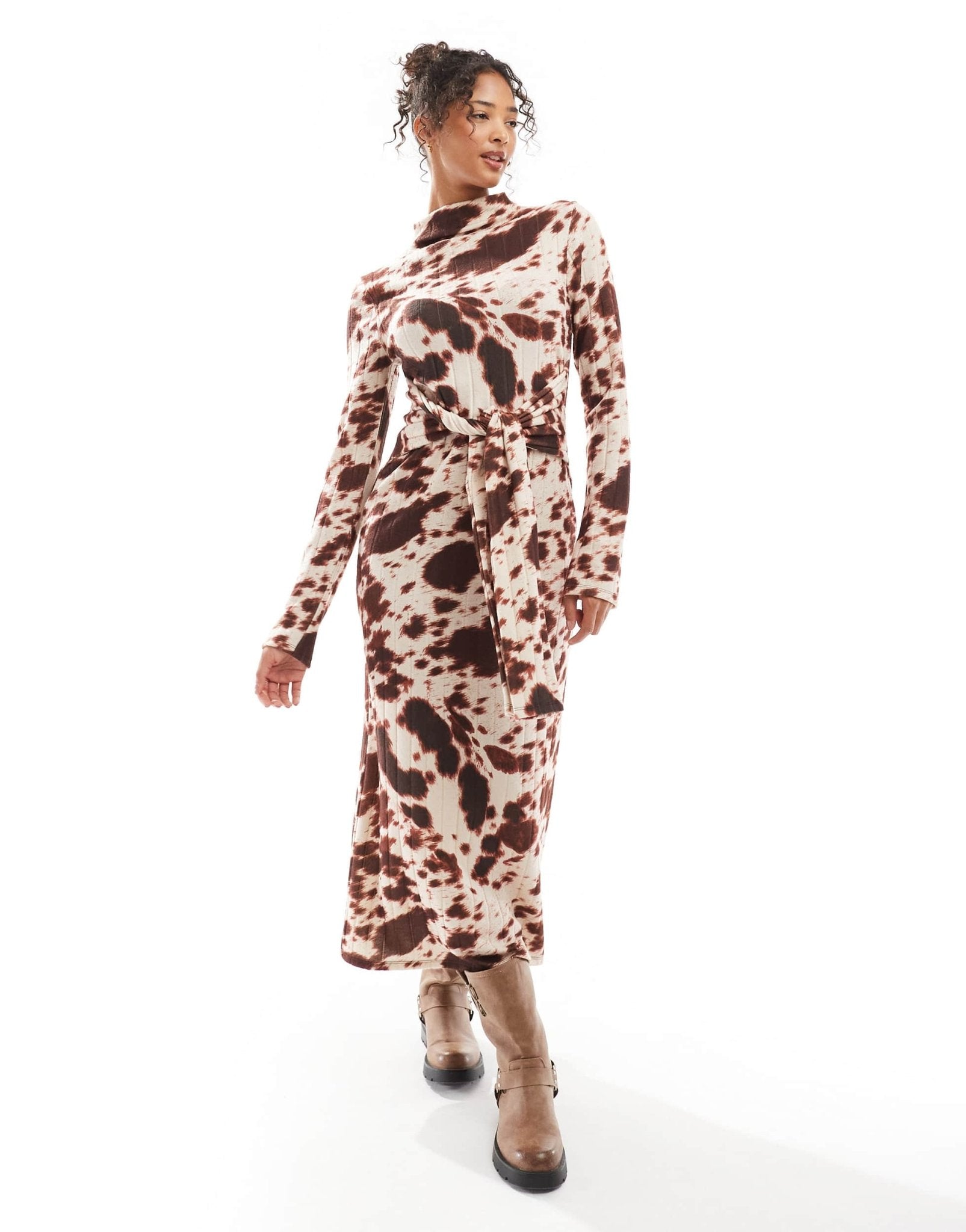 ASOS DESIGN ASOS DESIGN chunky ribbed maxi dress with wrap waist in cow print - ASOS Sample Sale