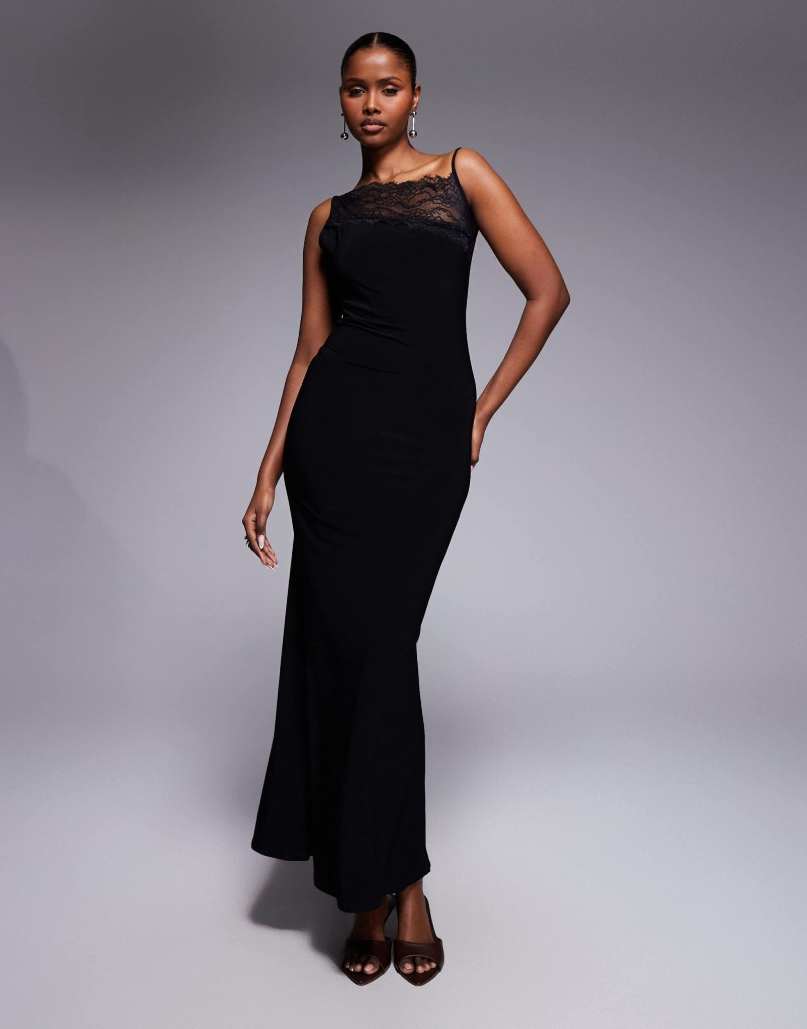 ASOS DESIGN asym lace neckline cami maxi dress in black - ASOS Sample Sale