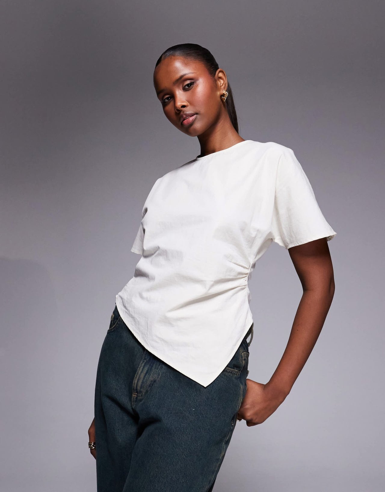ASOS DESIGN asym ruched detail woven tee in cream - ASOS Sample Sale