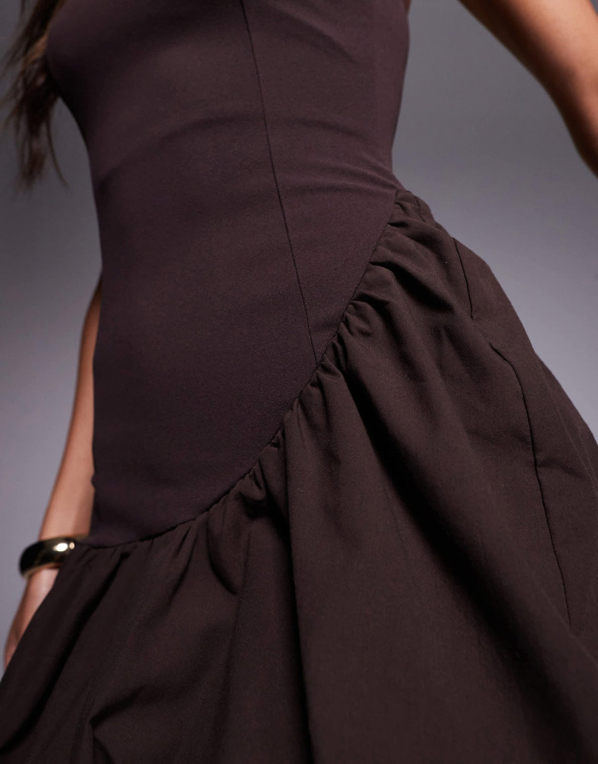 ASOS DESIGN asymmetric bandeau mini dress with puffball skirt in chocolate in scuba-style fabric - ASOS Sample Sale