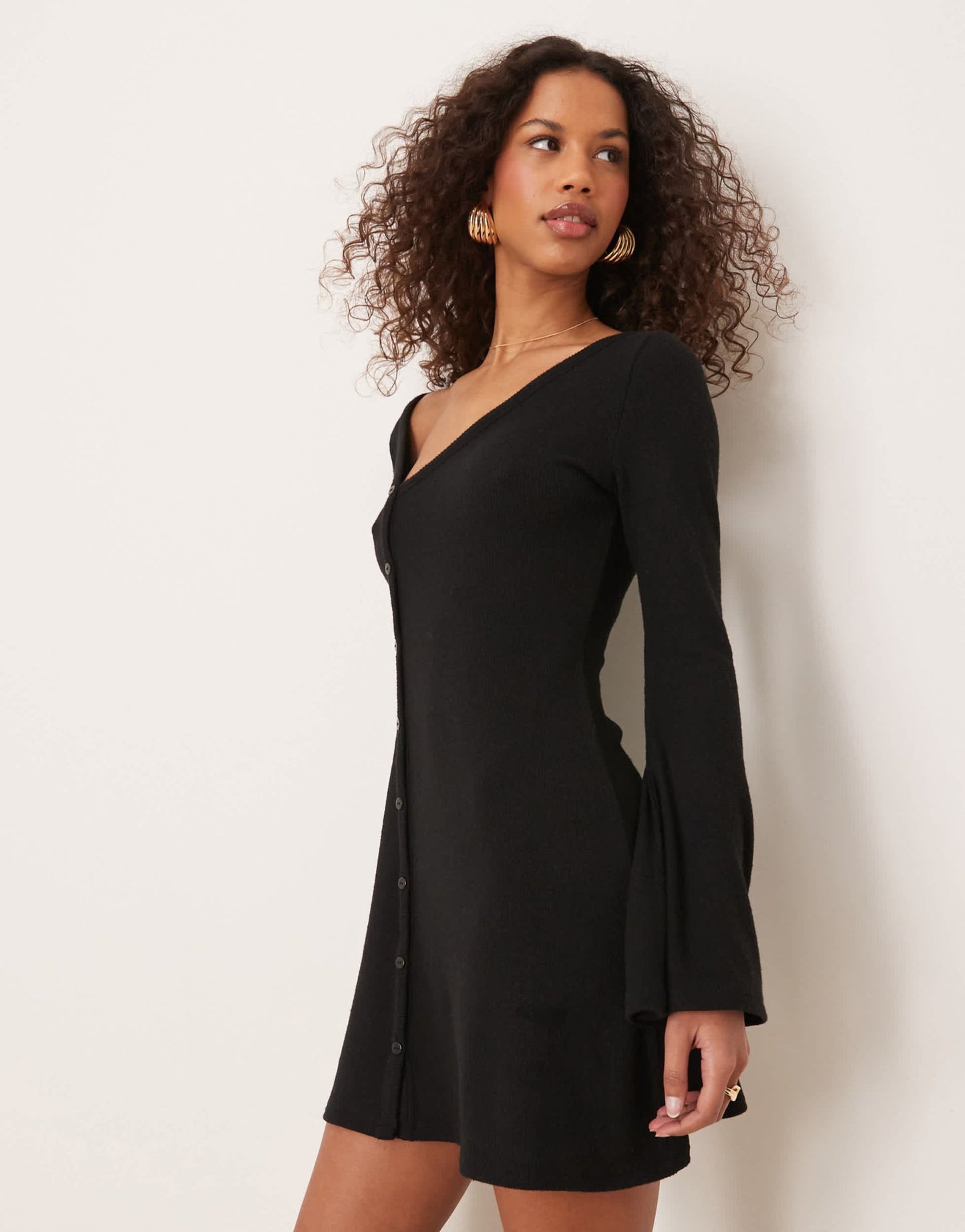 ASOS DESIGN asymmetric button through super soft mini dress in black - ASOS Sample Sale