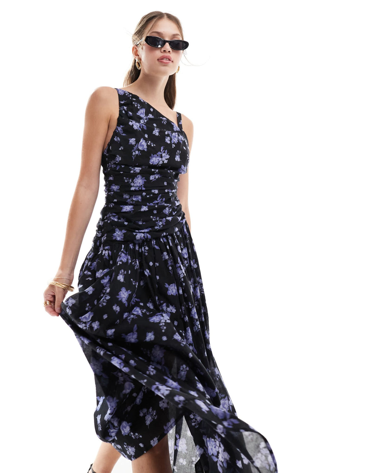 ASOS DESIGN asymmetric cross strap midi dress in dark floral - ASOS Sample Sale
