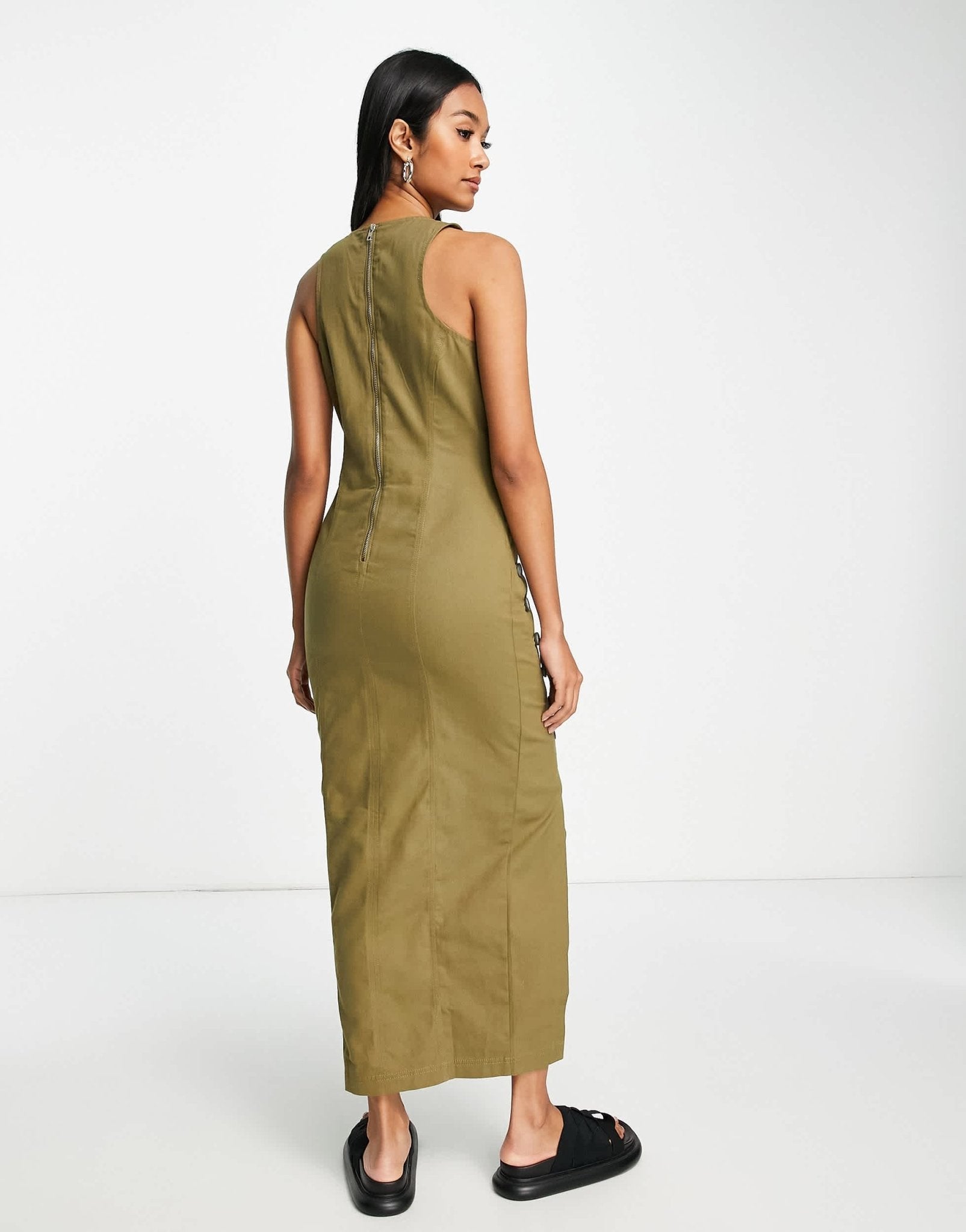 ASOS DESIGN asymmetric horn button twill maxi dress with split detail in khaki - ASOS Sample Sale