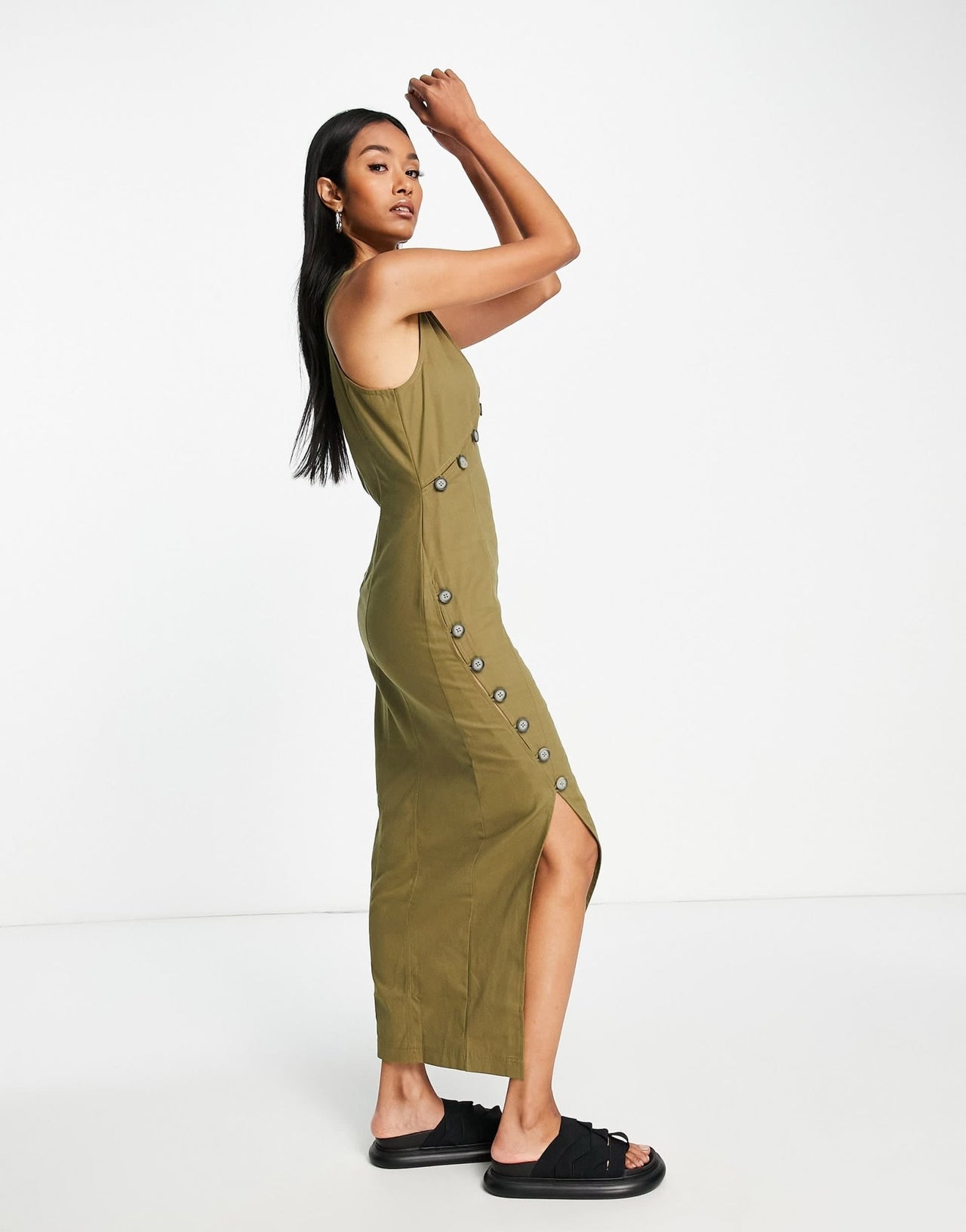 ASOS DESIGN asymmetric horn button twill maxi dress with split detail in khaki - ASOS Sample Sale