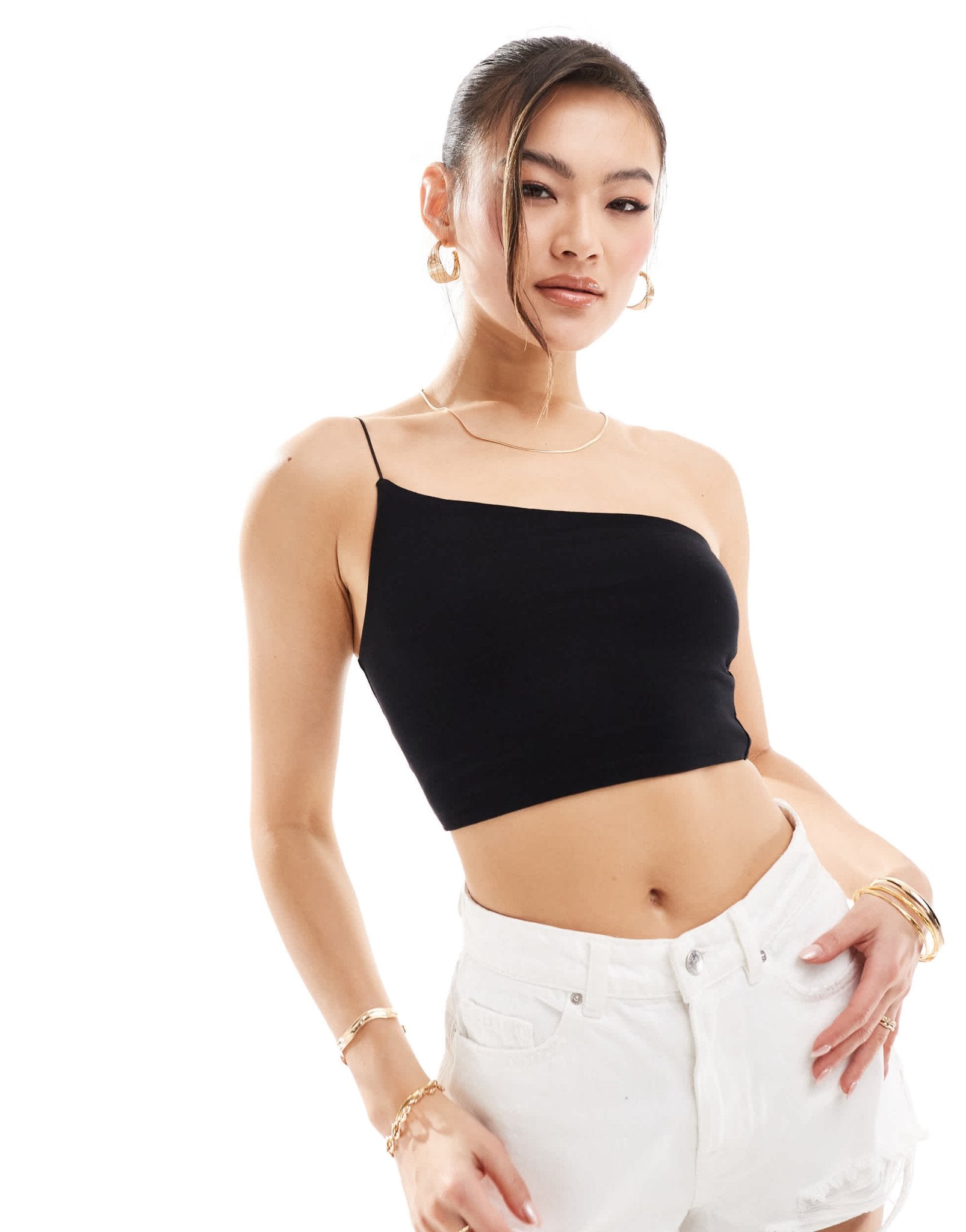 ASOS DESIGN asymmetric neck crop top with skinny strap in black - ASOS Sample Sale