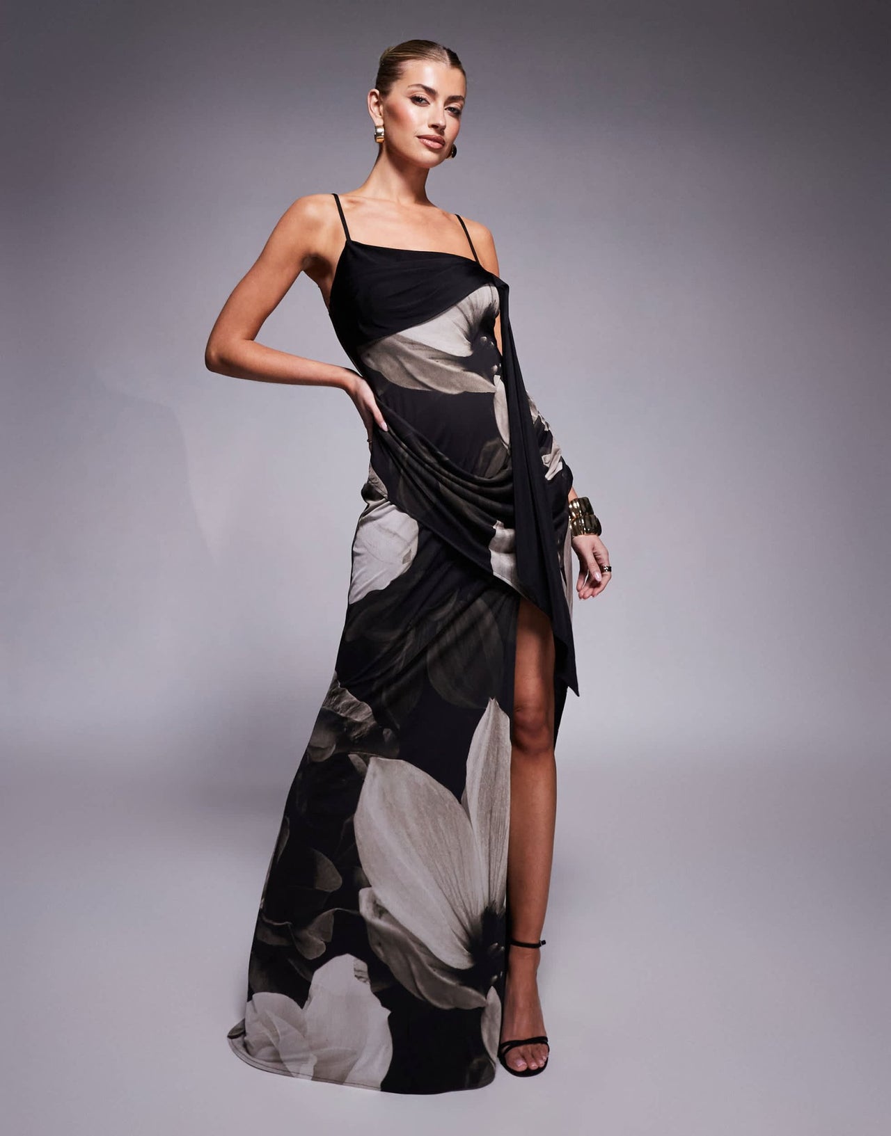 ASOS DESIGN asymmetric neckline maxi dress with spliced drape detailing in oversized floral print - ASOS Sample Sale