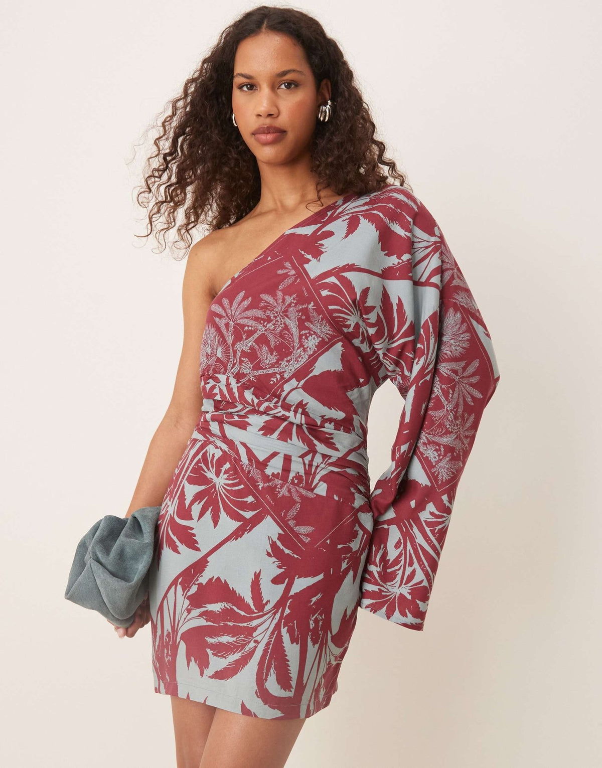 ASOS DESIGN asymmetric one sleeve mini dress in palm print - ASOS Sample Sale