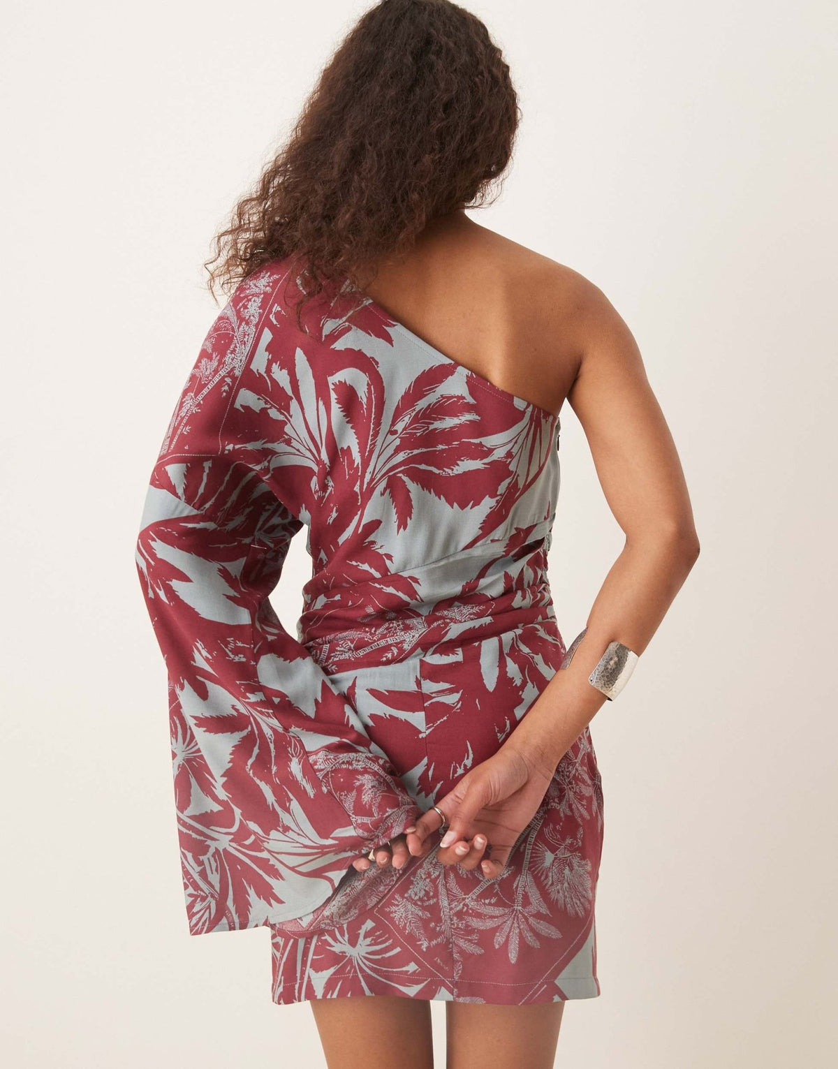 ASOS DESIGN asymmetric one sleeve mini dress in palm print - ASOS Sample Sale