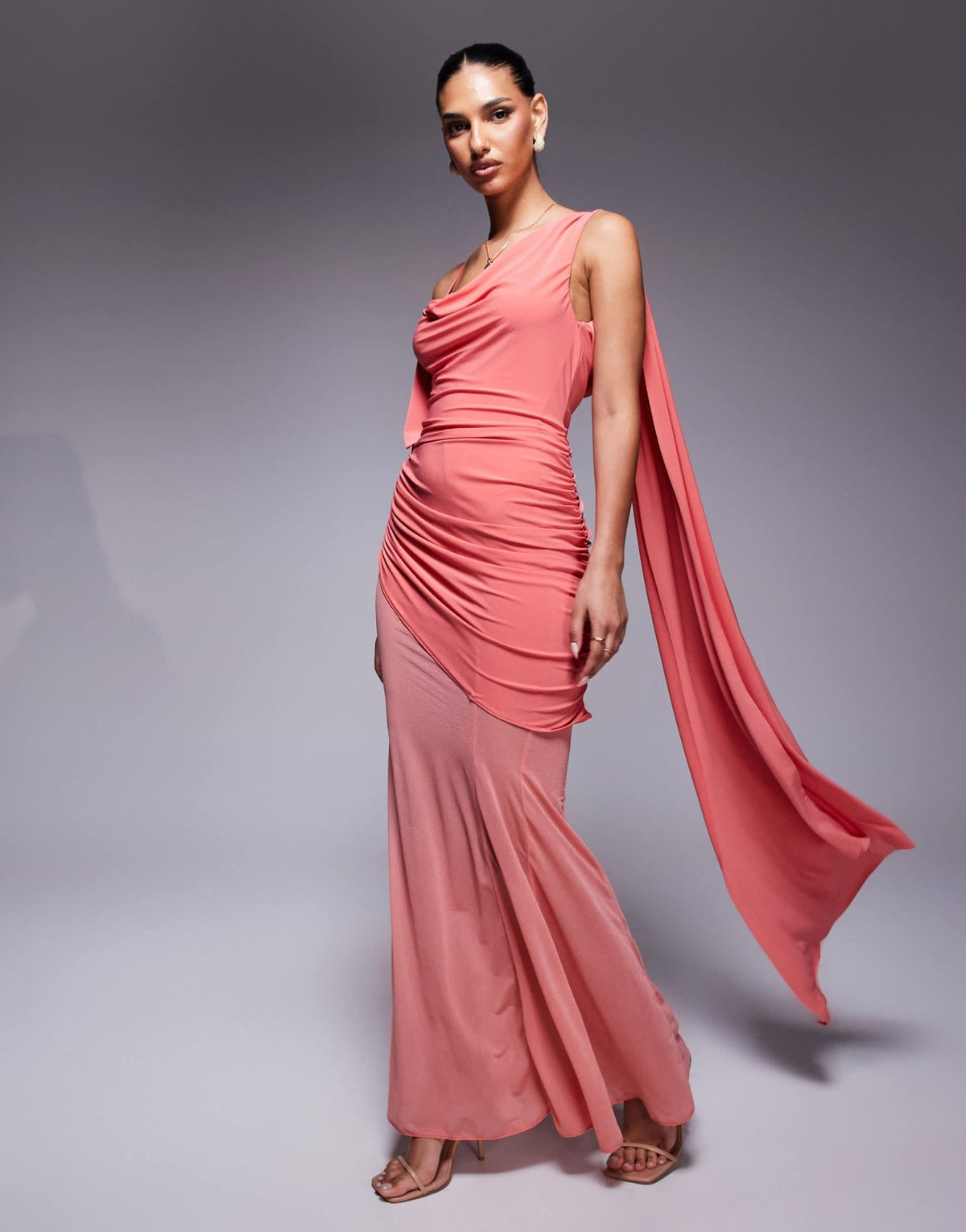 ASOS DESIGN asymmetric slinky ruched maxi dress with sheer skirt in coral - ASOS Sample Sale