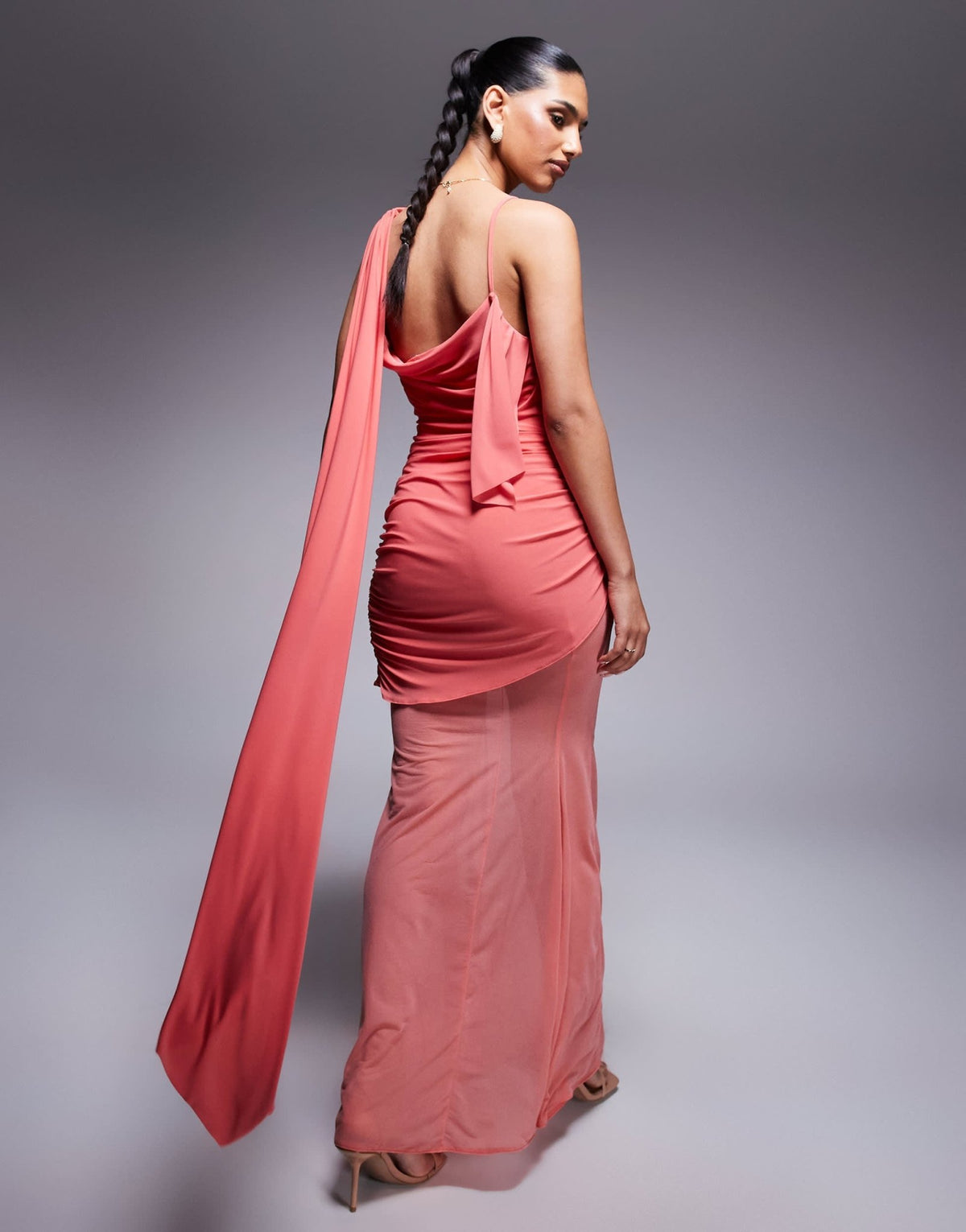 ASOS DESIGN asymmetric slinky ruched maxi dress with sheer skirt in coral - ASOS Sample Sale
