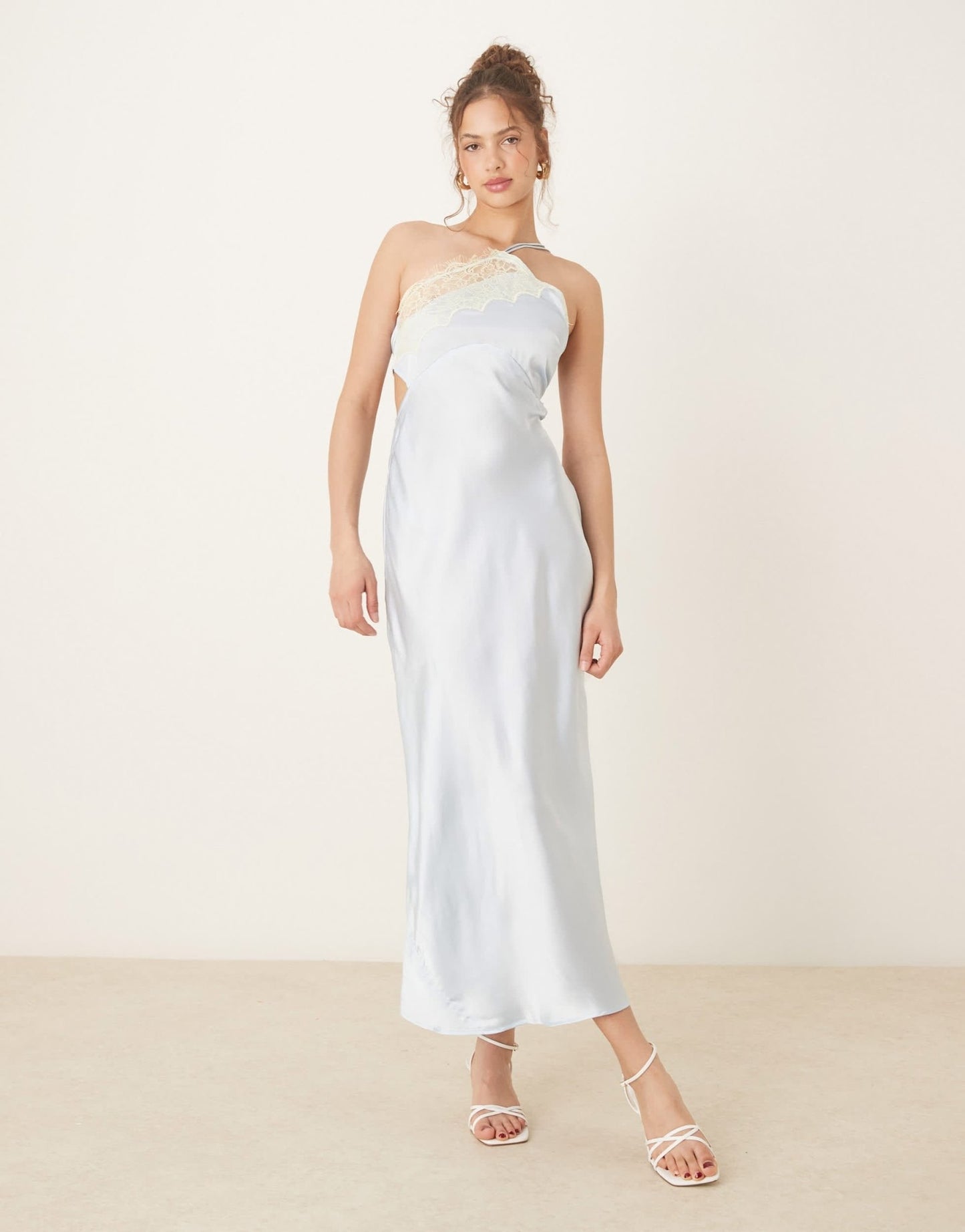 ASOS DESIGN asymmetric strappy lace slip midi dress in pale blue - ASOS Sample Sale