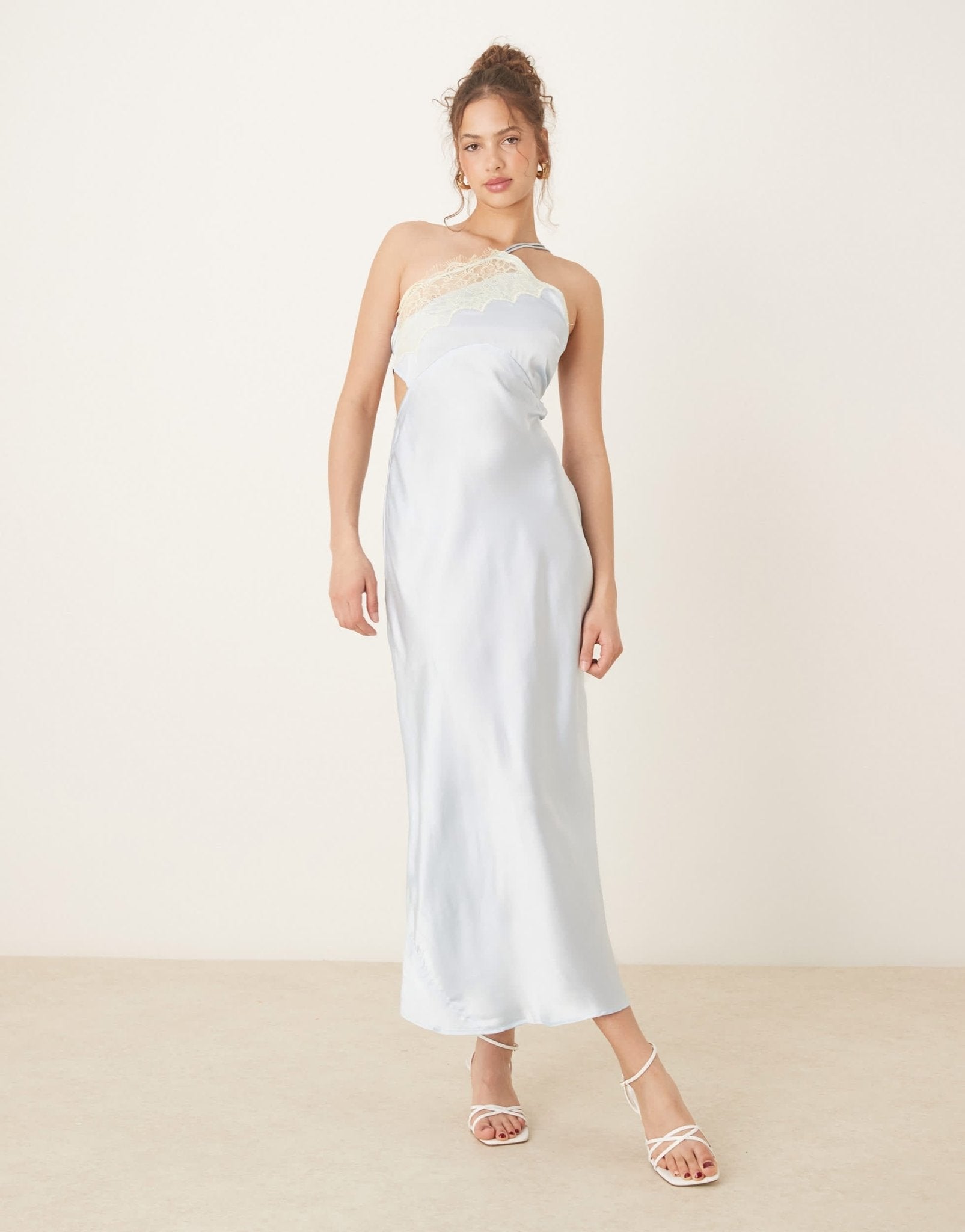 ASOS DESIGN asymmetric strappy lace slip midi dress in pale blue - ASOS Sample Sale