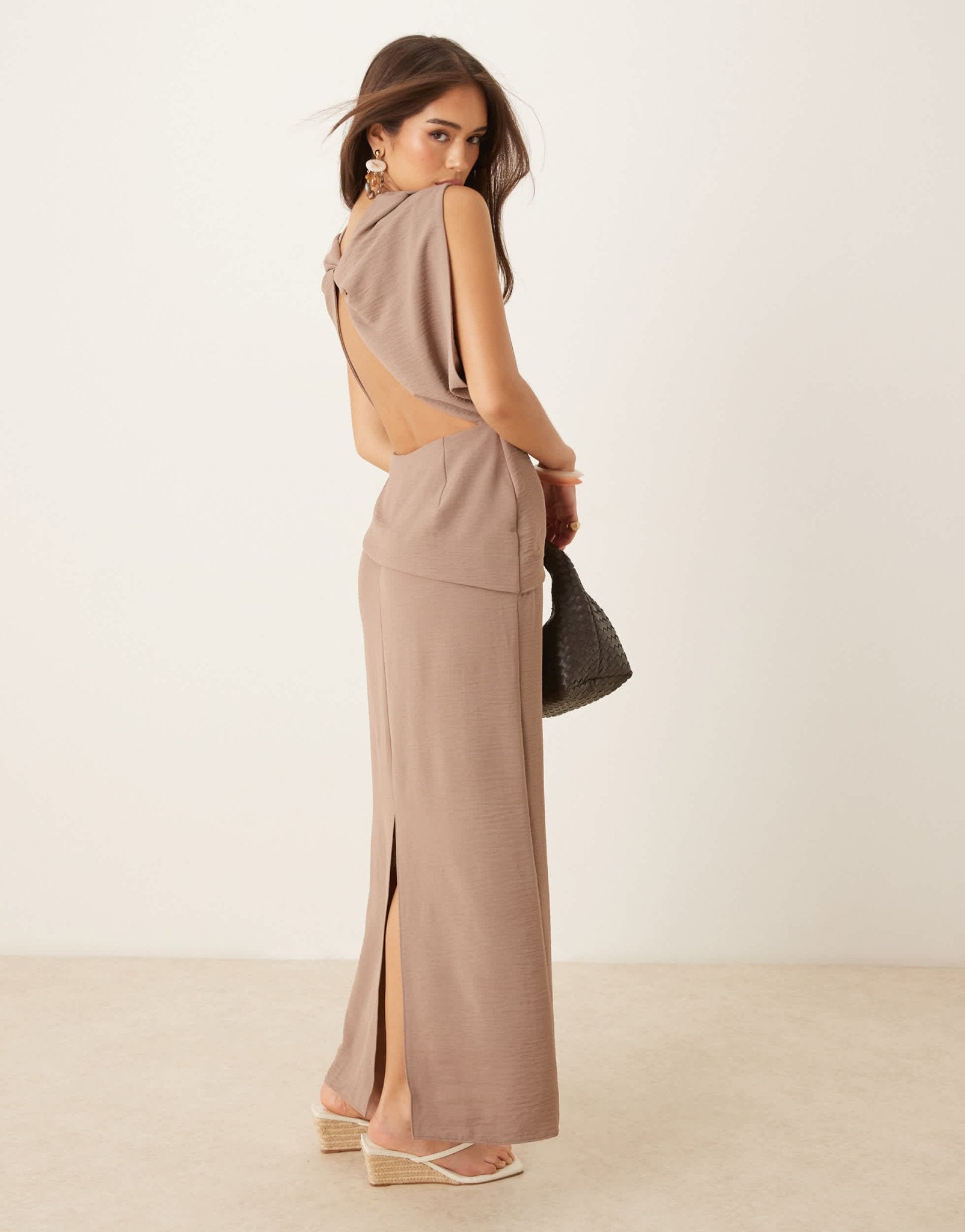 ASOS DESIGN asymmetric twist back midi dress in mocha - ASOS Sample Sale