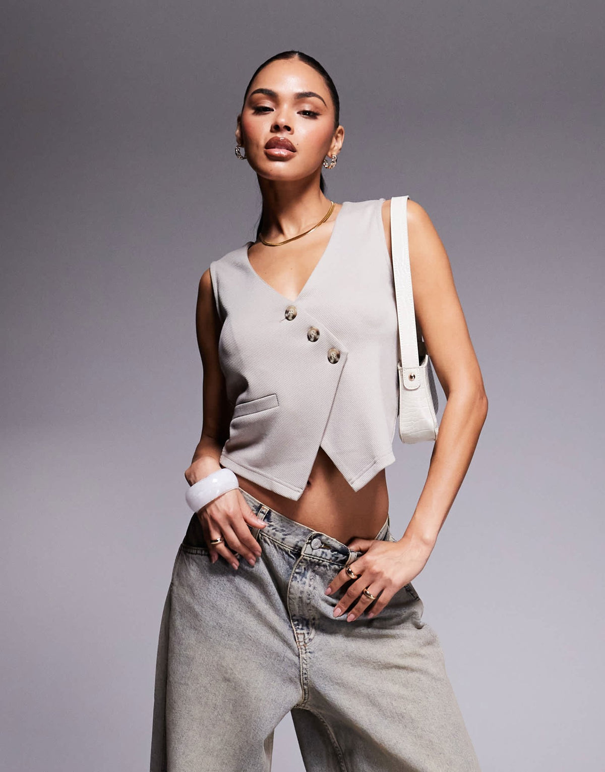 ASOS DESIGN asymmetric waistcoat top in stone - ASOS Sample Sale
