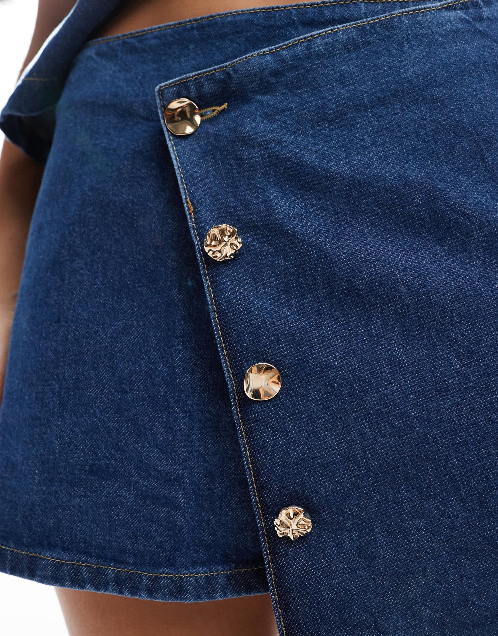 ASOS DESIGN asymmetric wrap front denim micro skirt with gold buttons co - ord in mid blue - ASOS Sample Sale