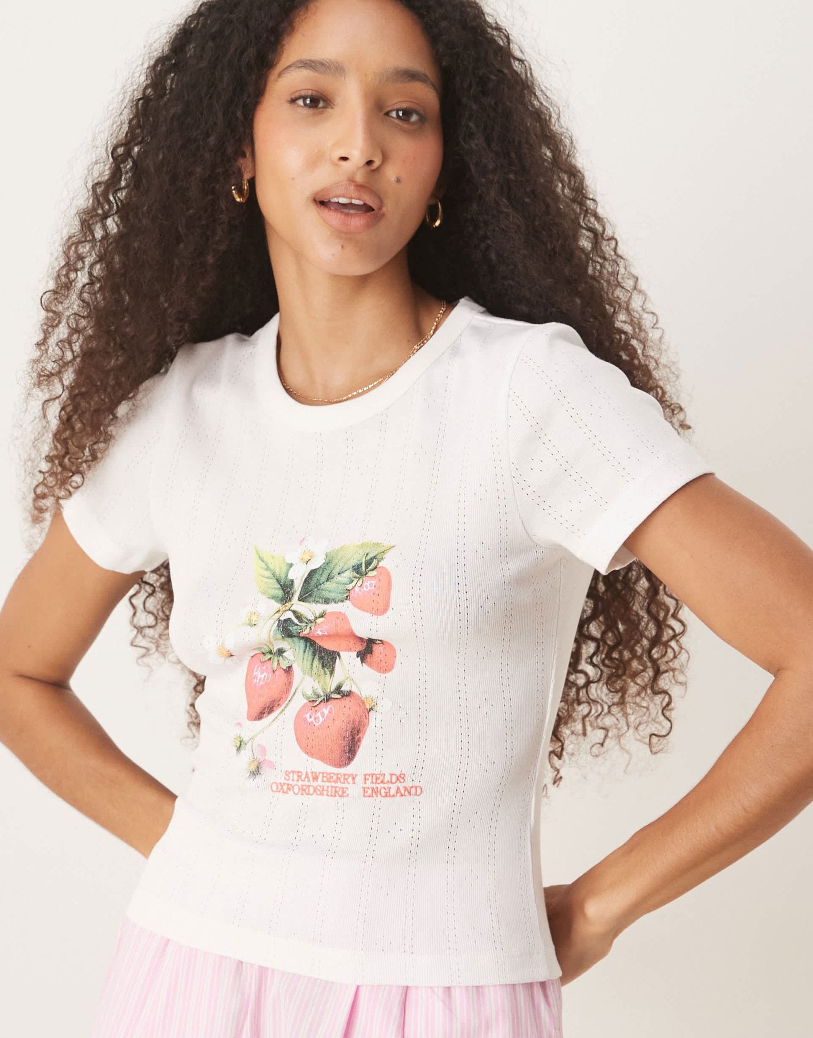 ASOS DESIGN baby tee with strawberry graphic in cream pointelle - ASOS Sample Sale