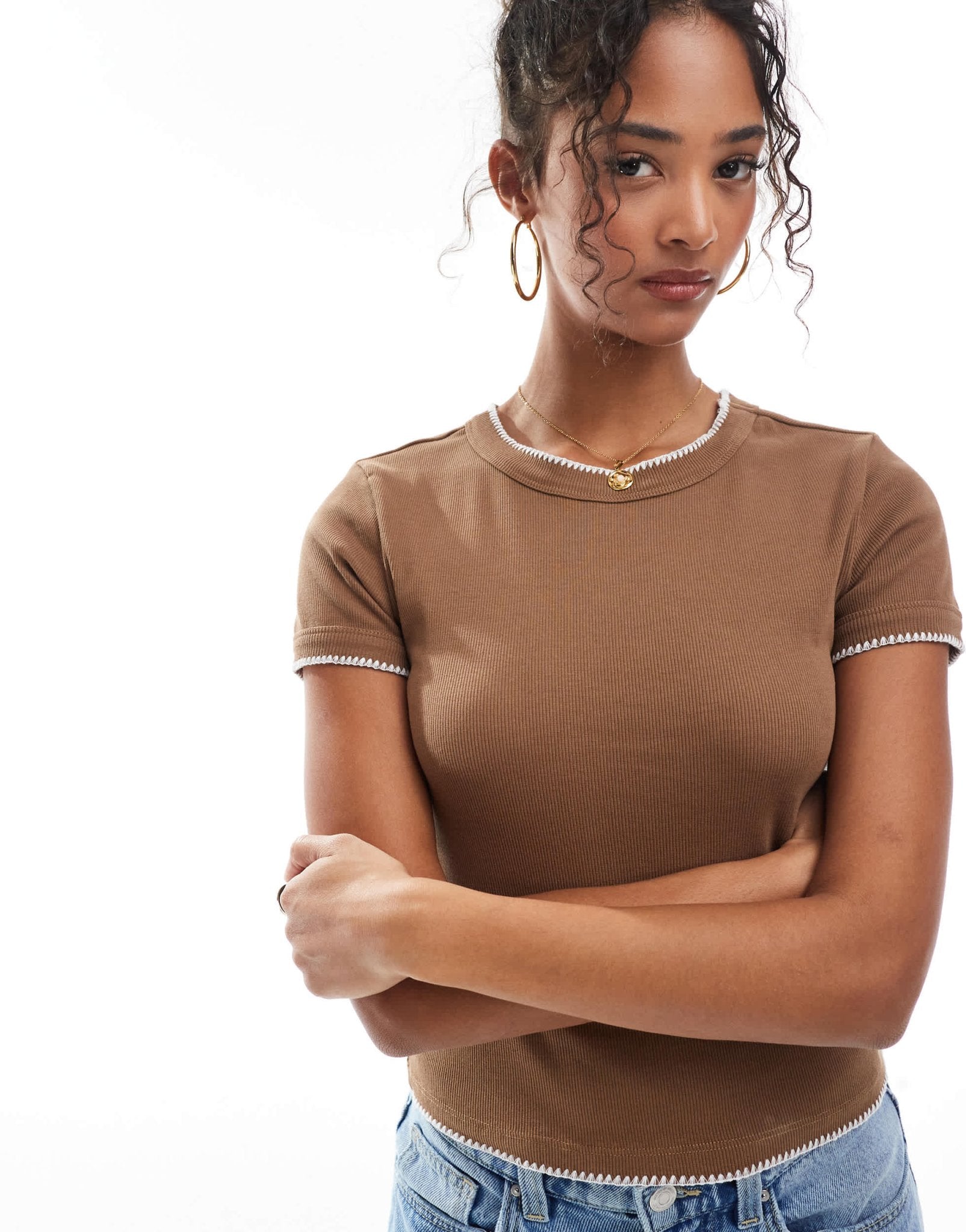 ASOS DESIGN babytee with blanket stitch detail in brown - ASOS Sample Sale