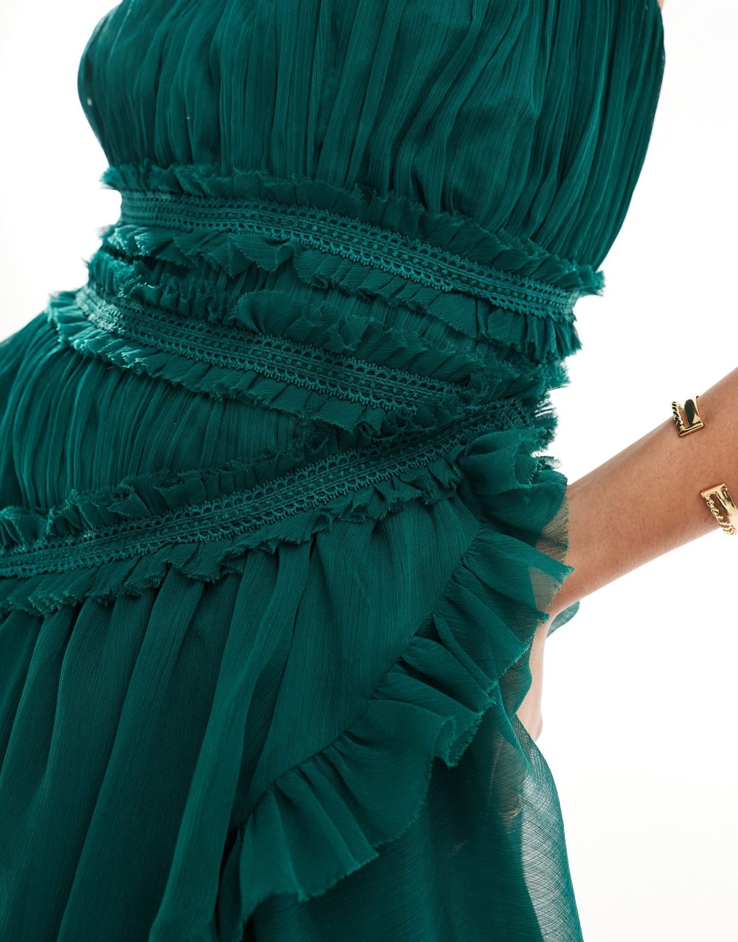 ASOS DESIGN bandeau asymmetric frill detail mini dress in dark green - ASOS Sample Sale