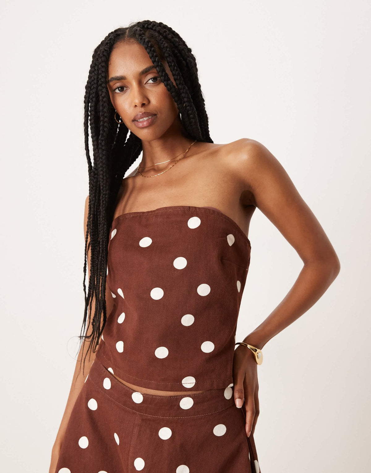 ASOS DESIGN bandeau denim top in brown polka dot - ASOS Sample Sale