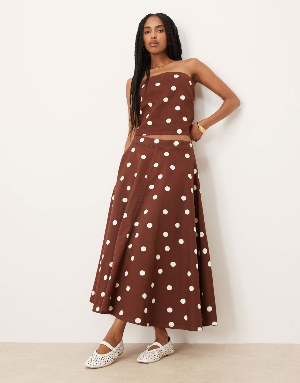 ASOS DESIGN bandeau denim top in brown polka dot - ASOS Sample Sale