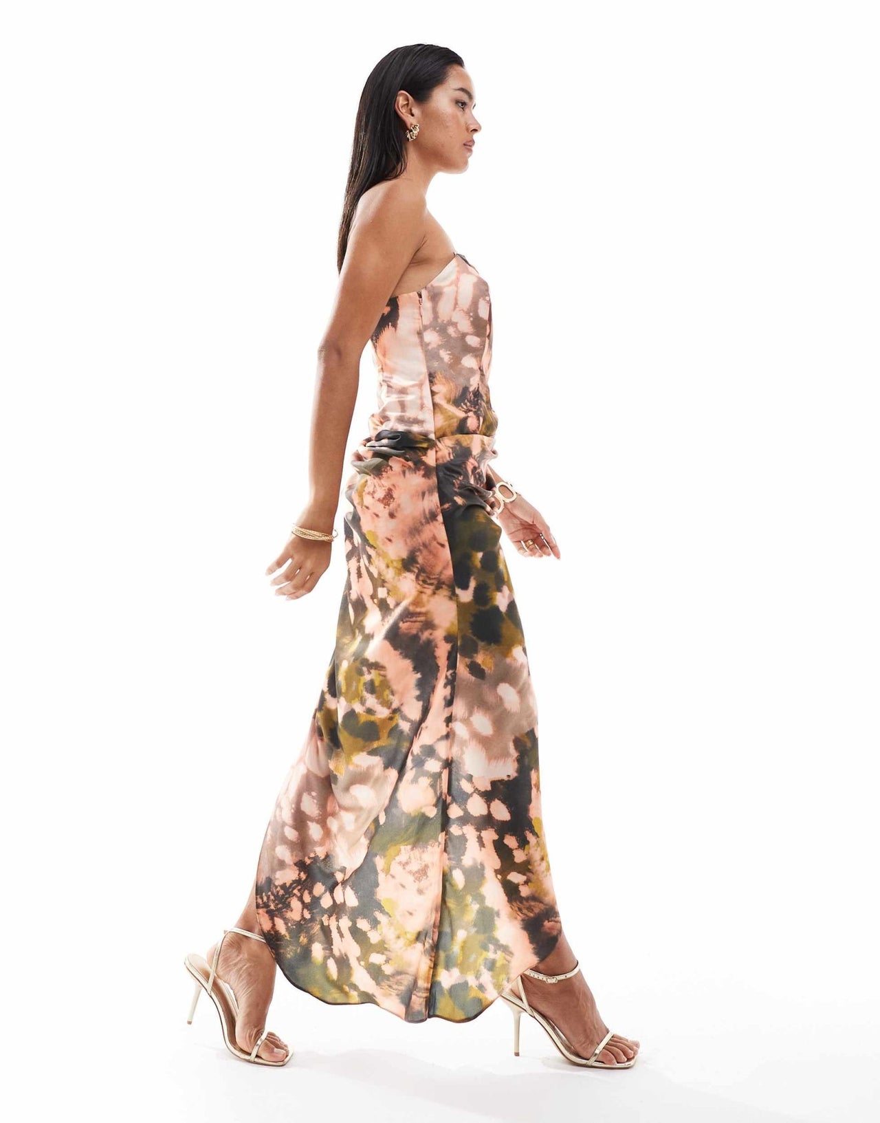 ASOS DESIGN bandeau draped skirt midi dress with thigh split in abstract print - ASOS Sample Sale