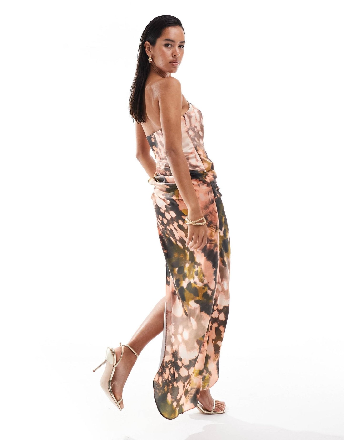ASOS DESIGN bandeau draped skirt midi dress with thigh split in abstract print - ASOS Sample Sale