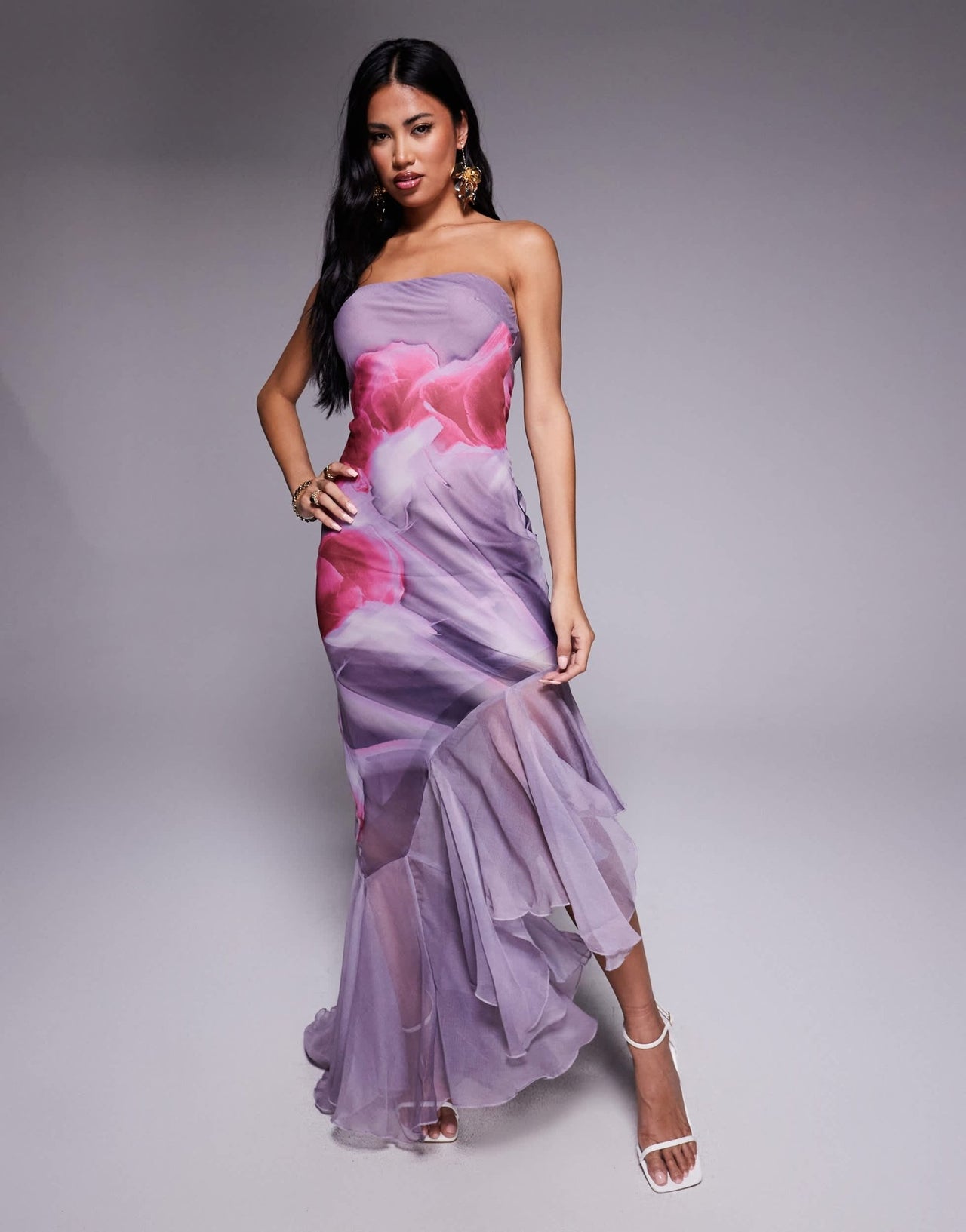 ASOS DESIGN bandeau maxi dress with asymmetric ruffle hem in lilac abstract floral print - ASOS Sample Sale