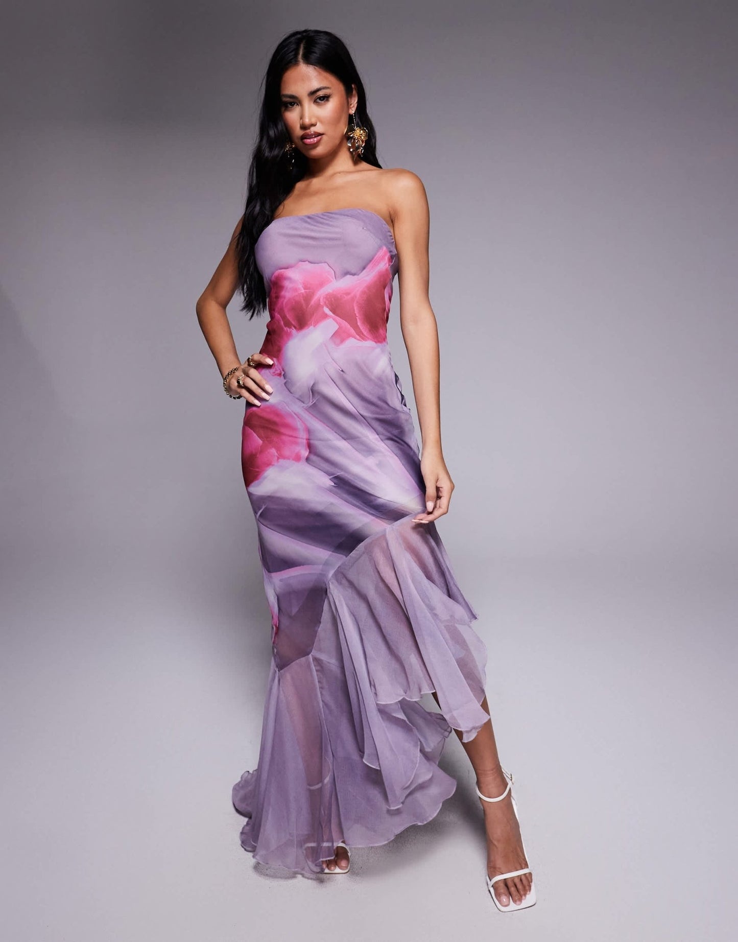 ASOS DESIGN bandeau maxi dress with asymmetric ruffle hem in lilac abstract floral print - ASOS Sample Sale