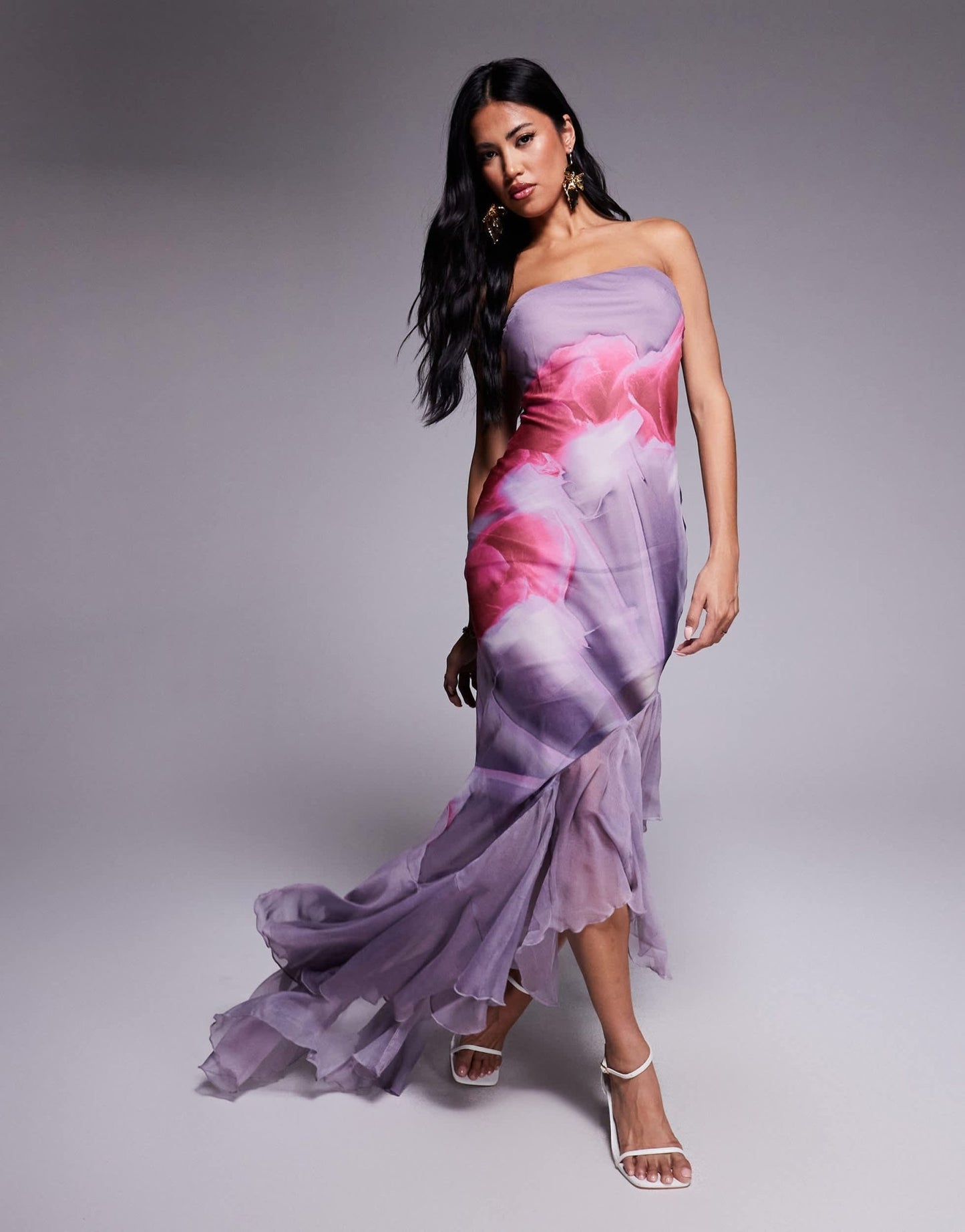 ASOS DESIGN bandeau maxi dress with asymmetric ruffle hem in lilac abstract floral print - ASOS Sample Sale