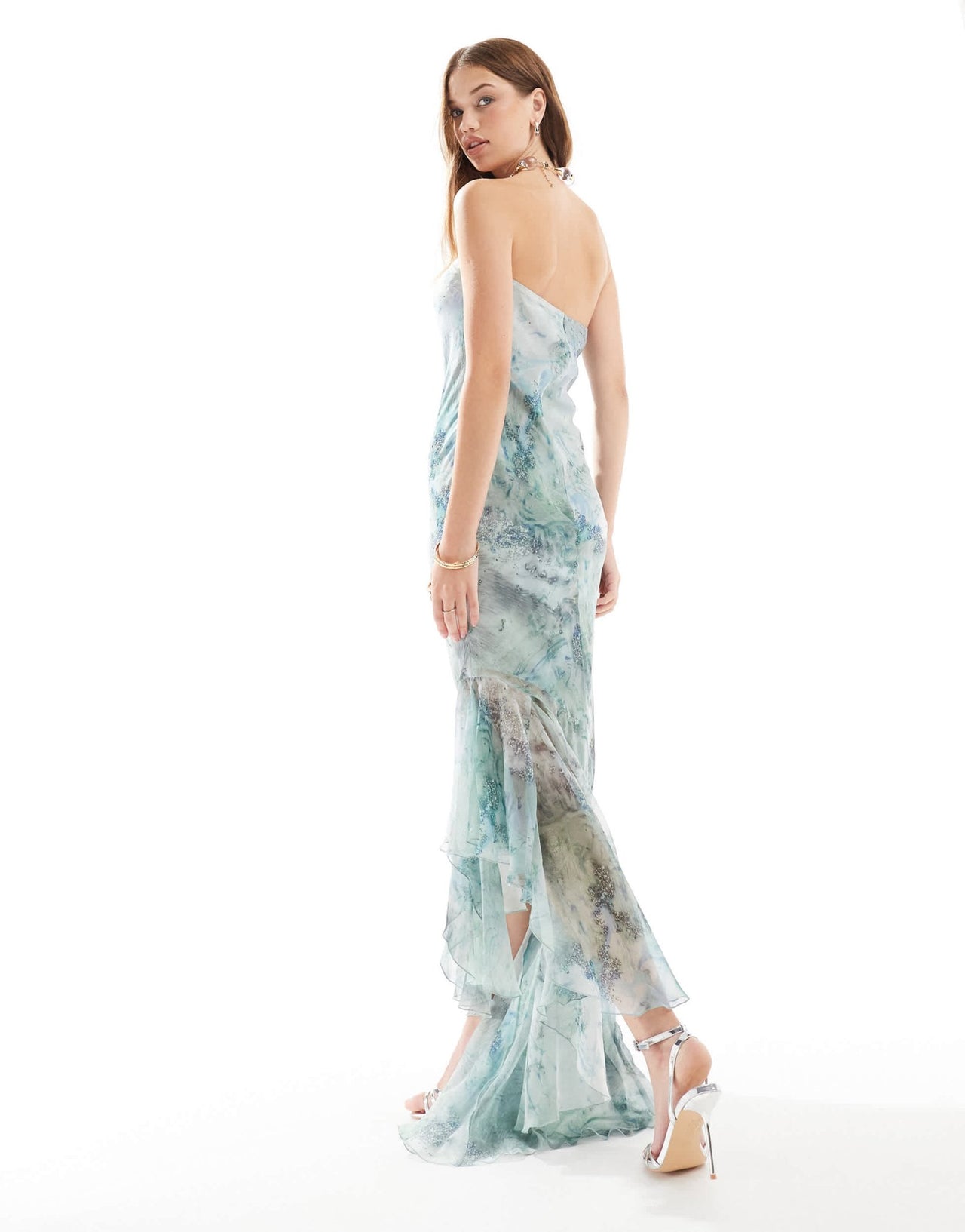 ASOS DESIGN bandeau maxi dress with asymmetric ruffle hem in marble print - ASOS Sample Sale