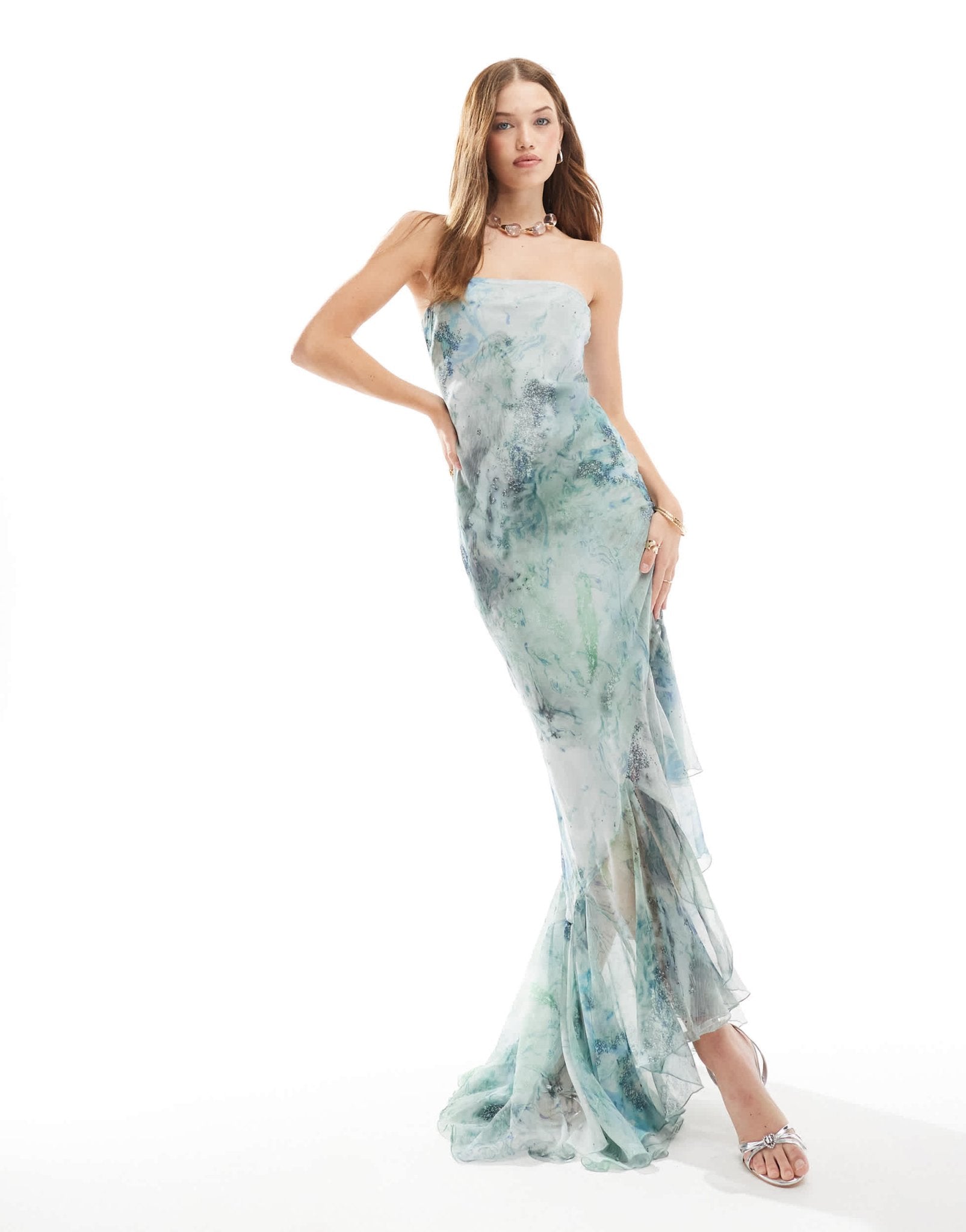 ASOS DESIGN bandeau maxi dress with asymmetric ruffle hem in marble print - ASOS Sample Sale