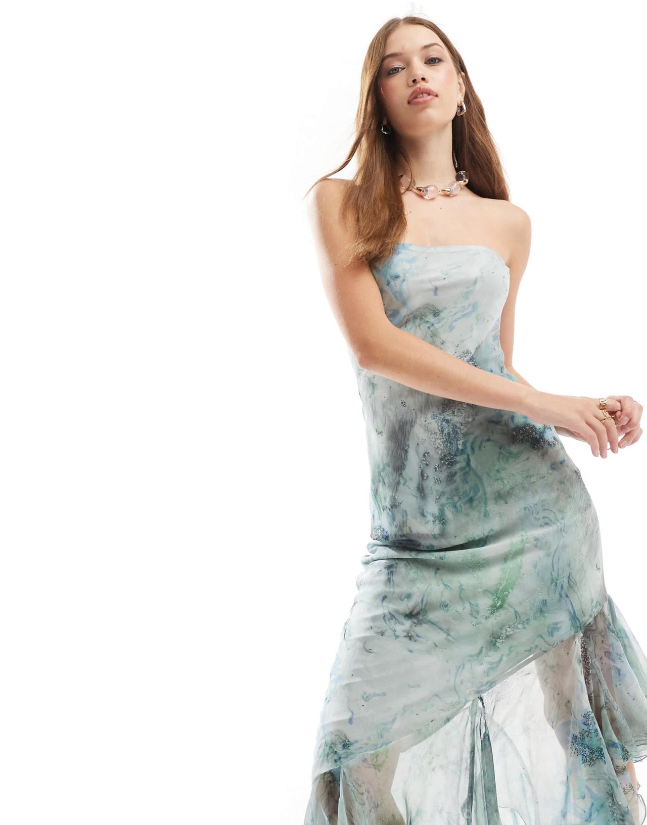 ASOS DESIGN bandeau maxi dress with asymmetric ruffle hem in marble print - ASOS Sample Sale