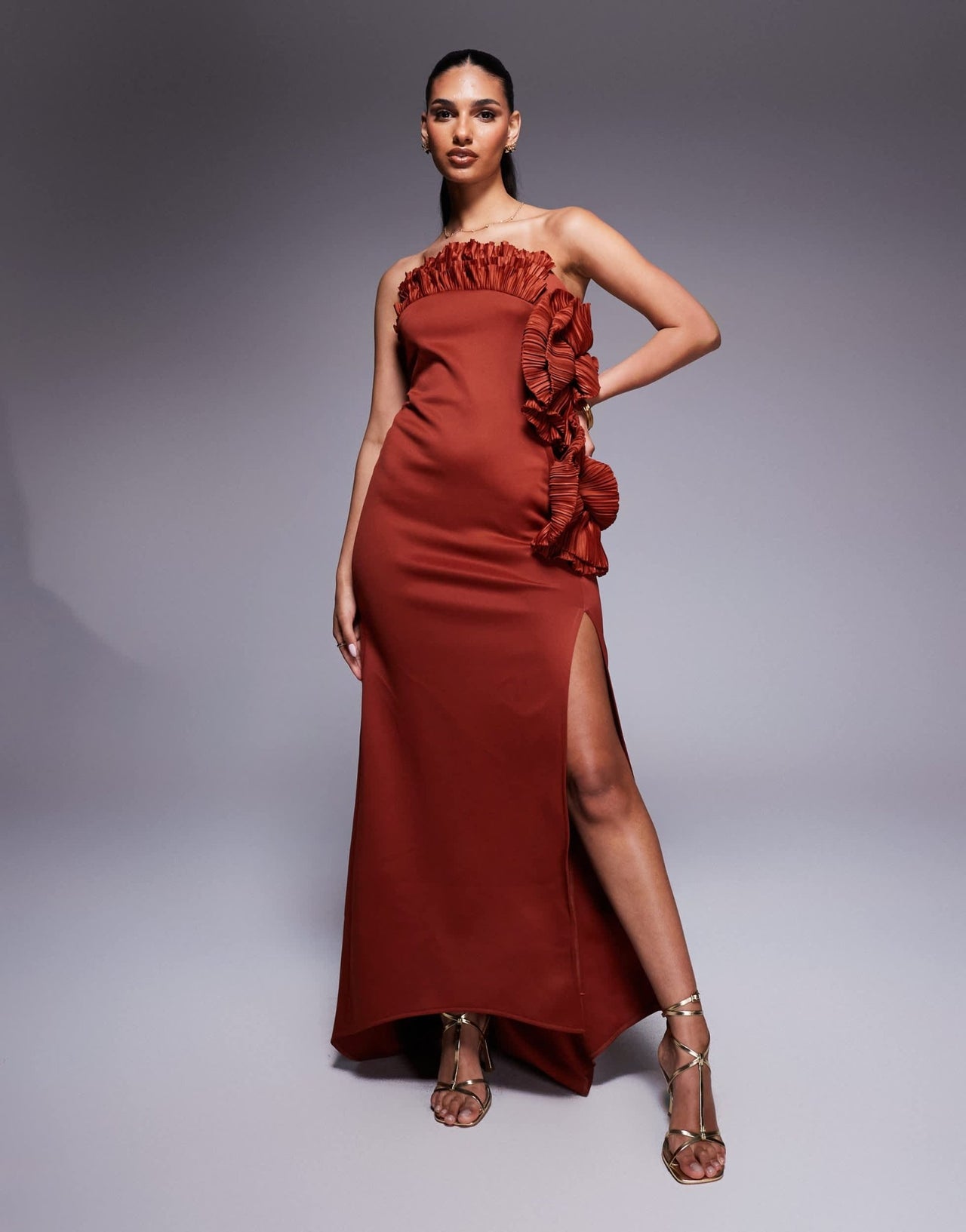 ASOS DESIGN bandeau maxi dress with plisse ruffle fan detail in rust in scuba - style fabric - ASOS Sample Sale