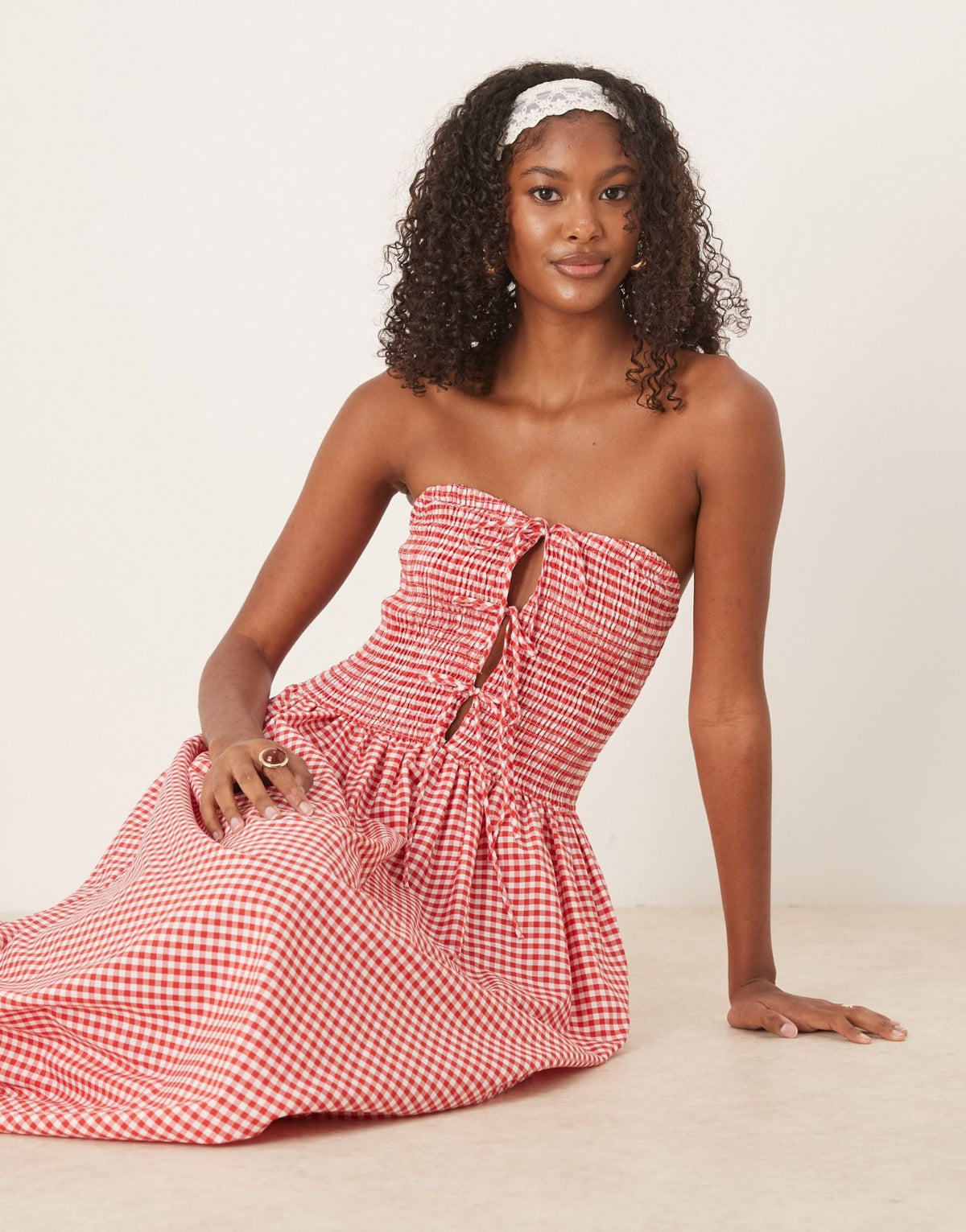 ASOS DESIGN bandeau maxi dress with shirring body and tie detail in red gingham print - ASOS Sample Sale