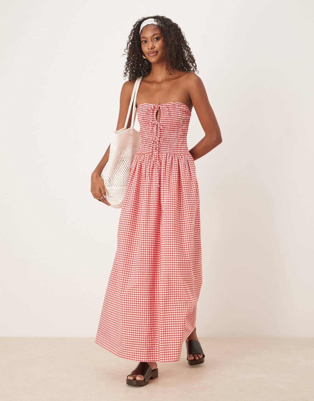 ASOS DESIGN bandeau maxi dress with shirring body and tie detail in red gingham print - ASOS Sample Sale