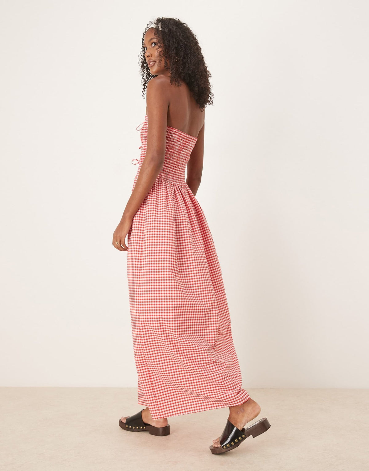ASOS DESIGN bandeau maxi dress with shirring body and tie detail in red gingham print - ASOS Sample Sale