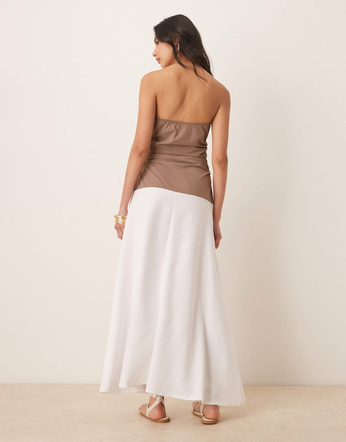 ASOS DESIGN bandeau midi dress with poplin skirt in mocha and white - ASOS Sample Sale