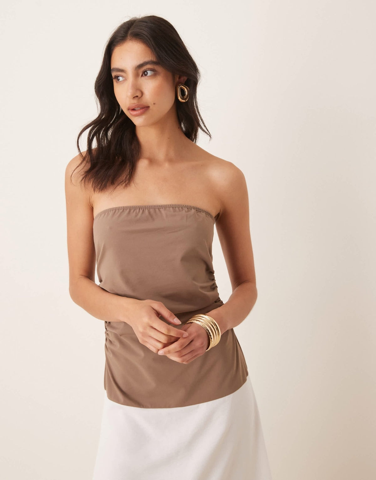 ASOS DESIGN bandeau midi dress with poplin skirt in mocha and white - ASOS Sample Sale