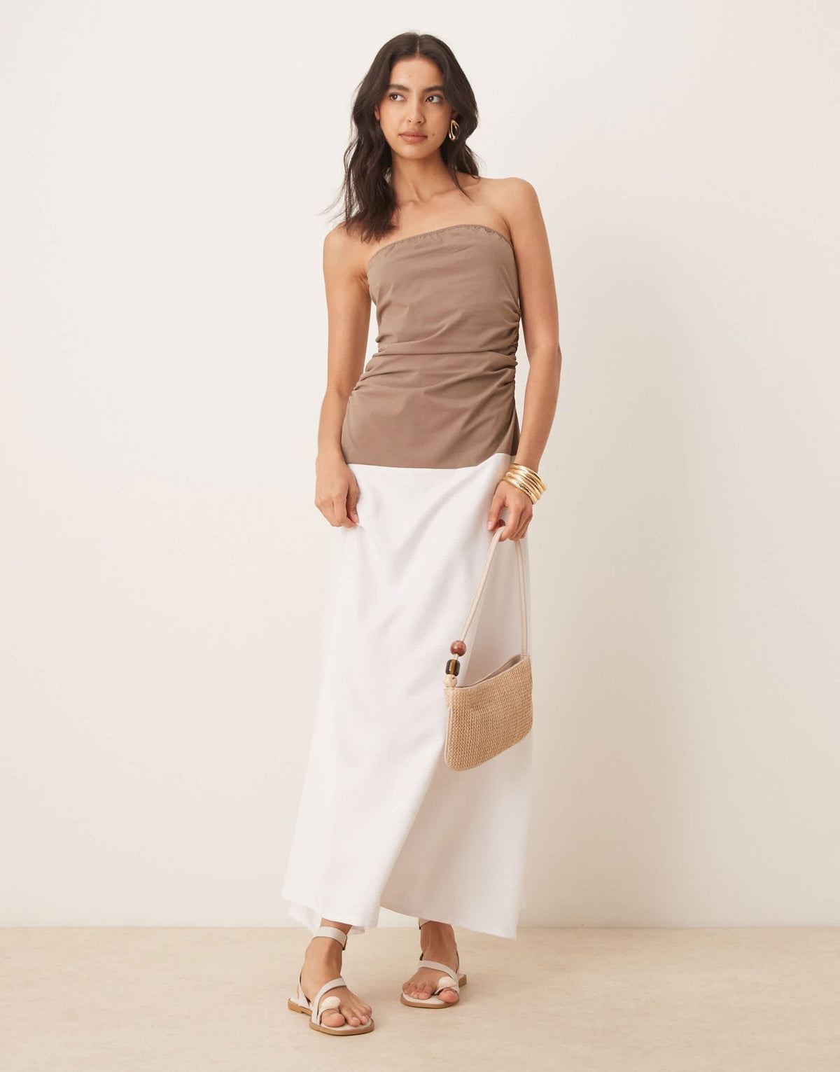 ASOS DESIGN bandeau midi dress with poplin skirt in mocha and white - ASOS Sample Sale