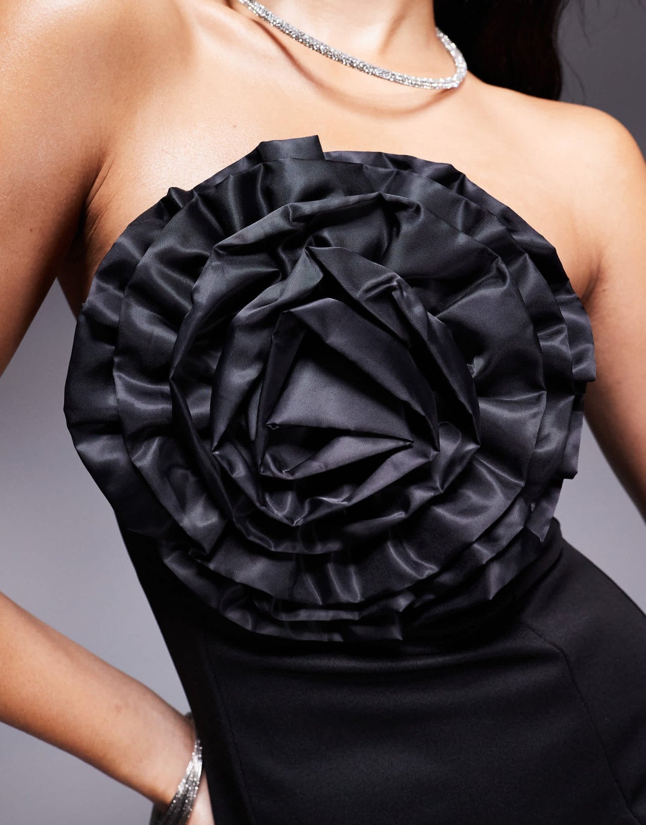 ASOS DESIGN bandeau mini dress with oversized satin corsage in black in scuba - style fabric - ASOS Sample Sale