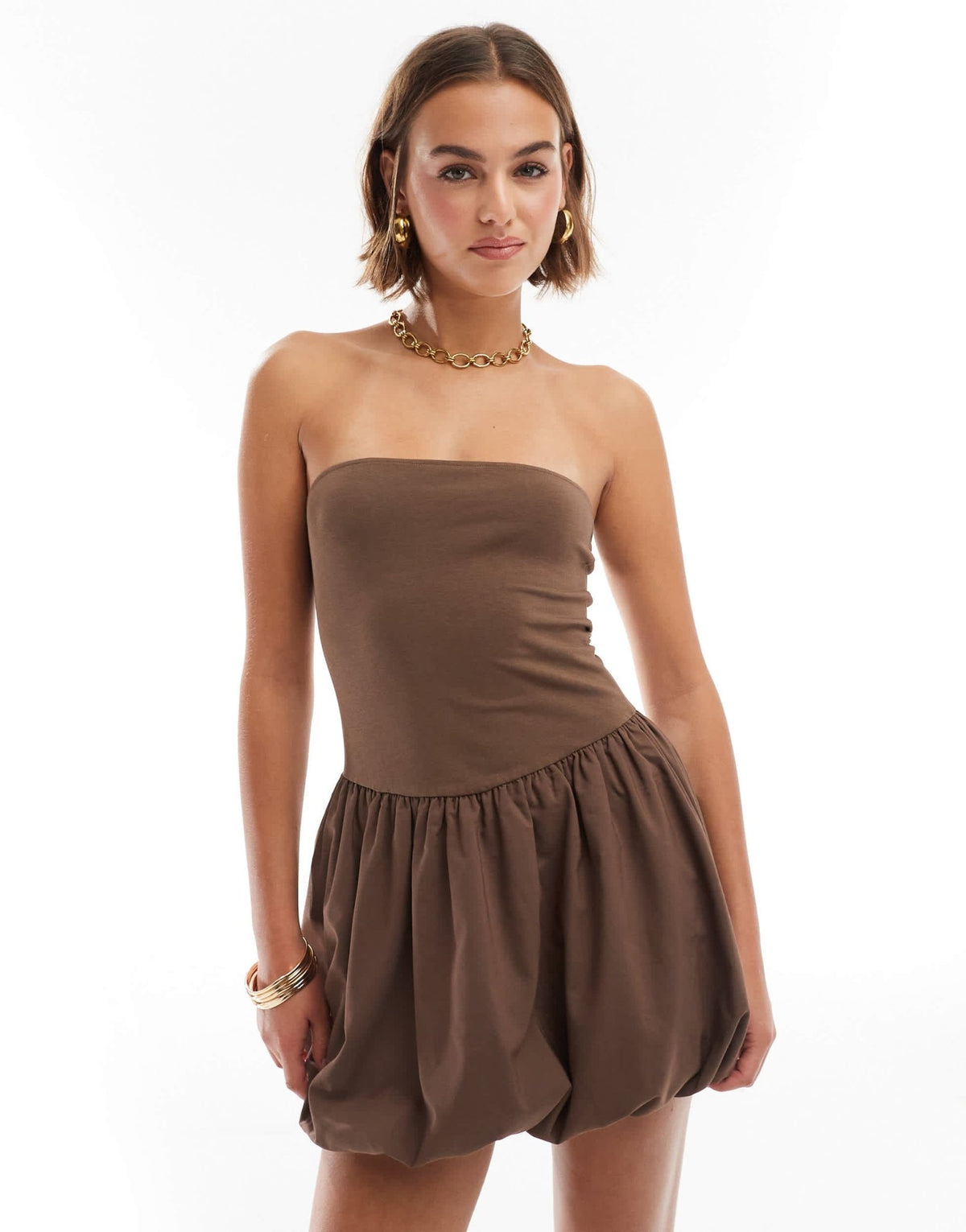 ASOS DESIGN bandeau puffball mini dress in brown - ASOS Sample Sale