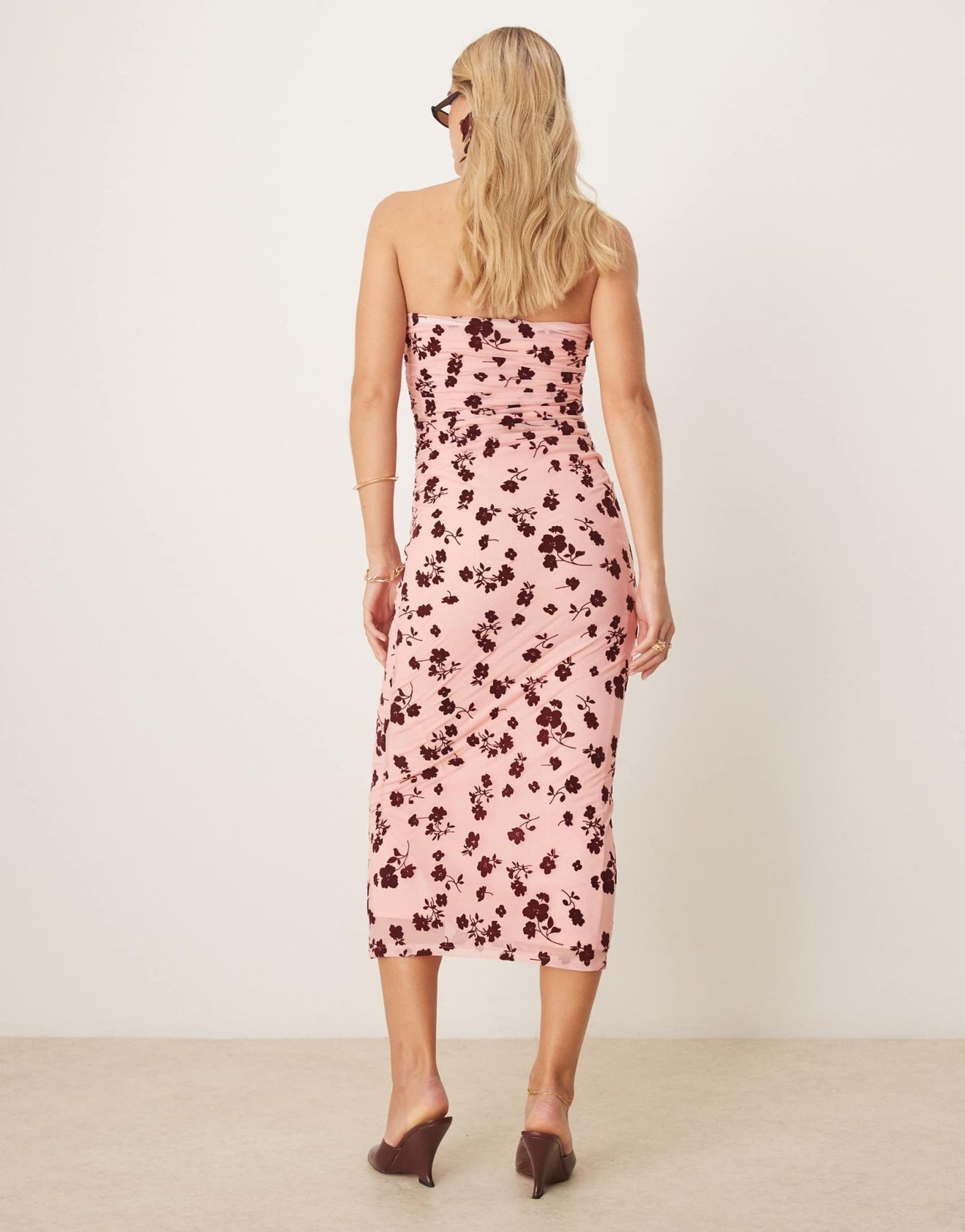 ASOS DESIGN bandeau ruched side floral flocked maxi dress in pink - ASOS Sample Sale