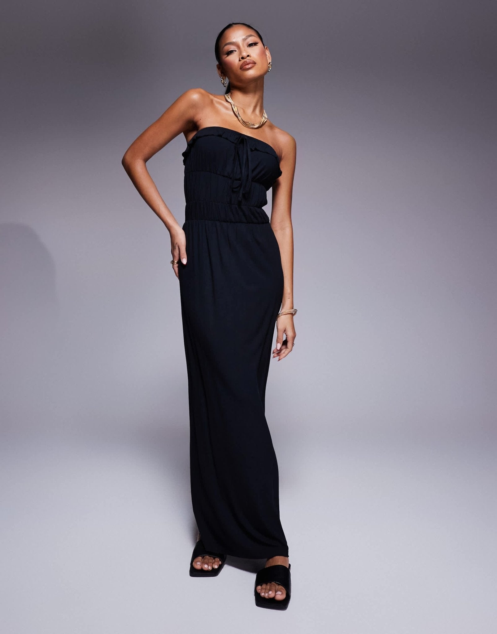 ASOS DESIGN bandeau ruffle tiered waist maxi dress in black - ASOS Sample Sale