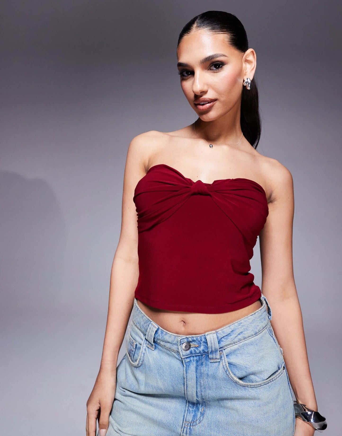 ASOS DESIGN bandeau top with twist knot detail in wine - ASOS Sample Sale