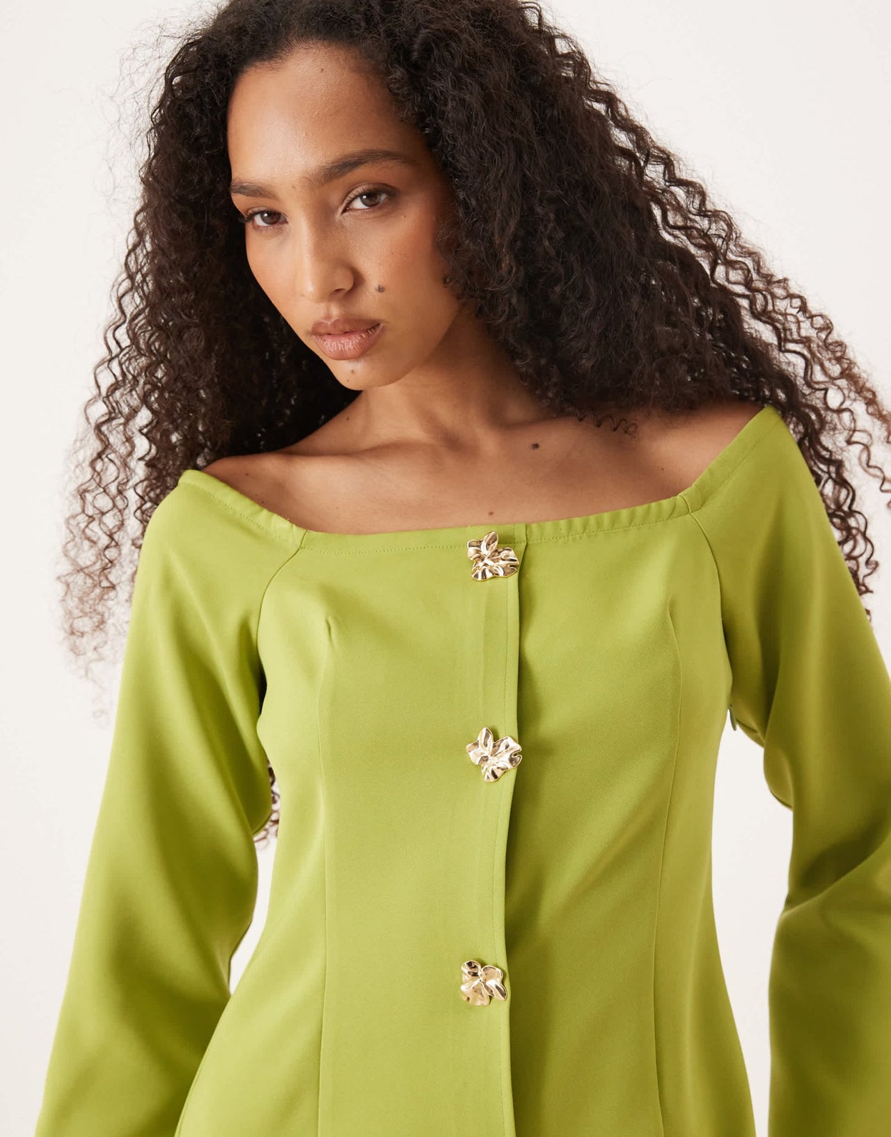ASOS DESIGN bardot button through mini dress in green - ASOS Sample Sale