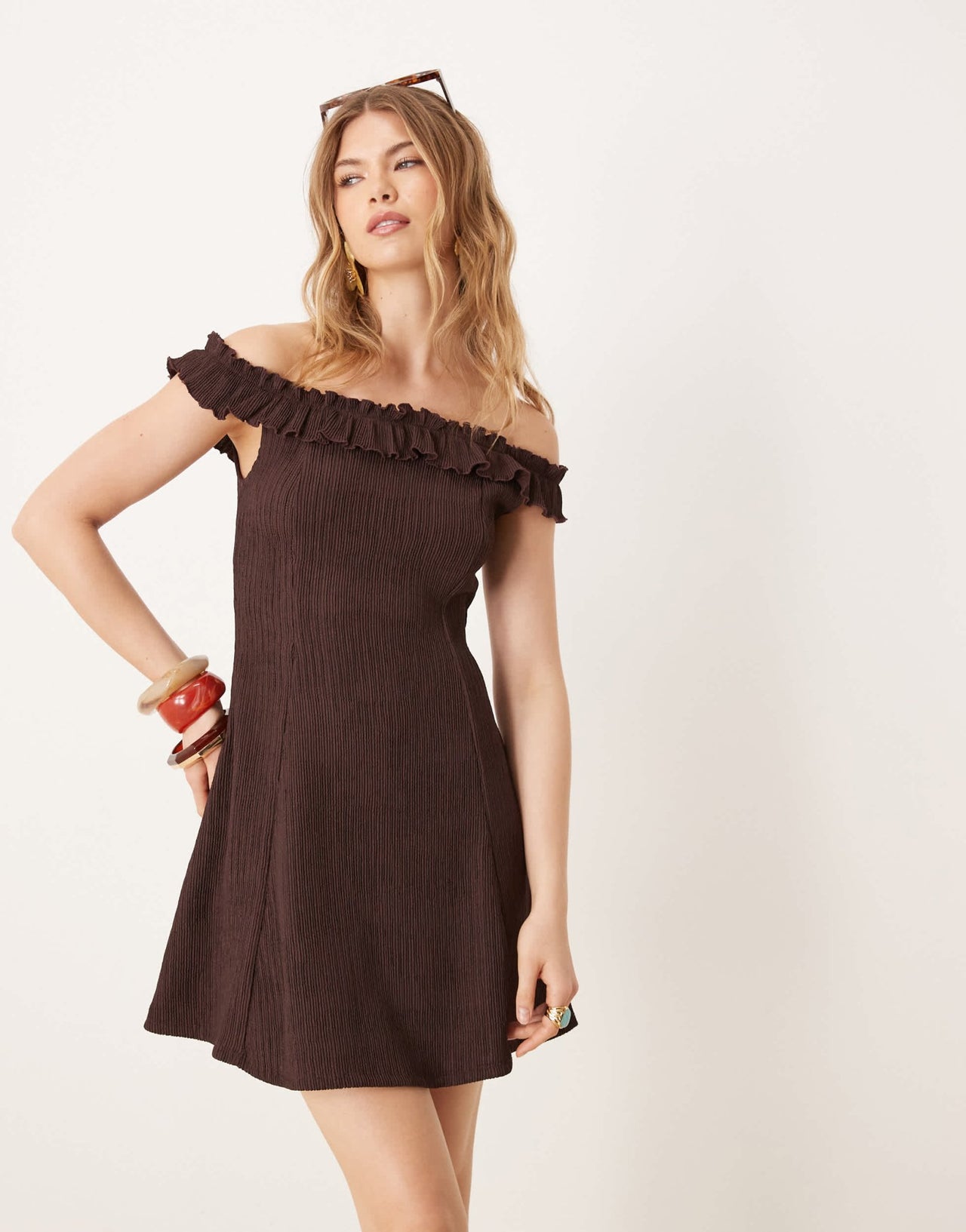 ASOS DESIGN bardot frill mini dress in chocolate - ASOS Sample Sale