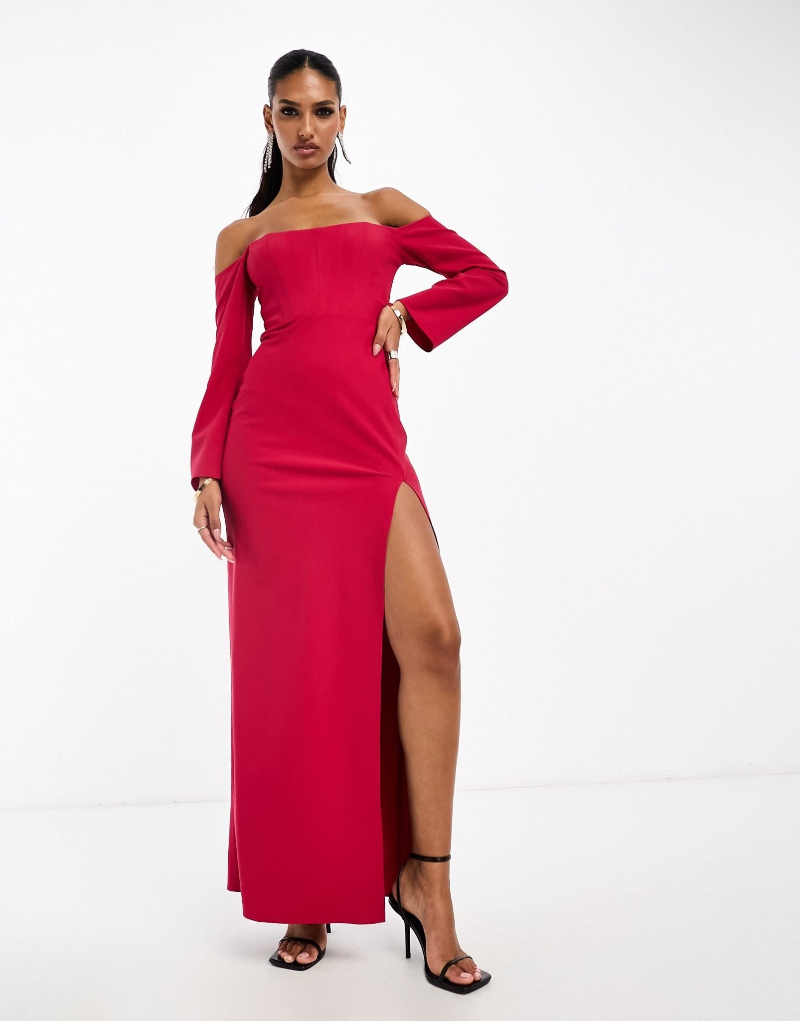 ASOS DESIGN bardot long sleeve maxi dress with corset detail in pink - ASOS Sample Sale