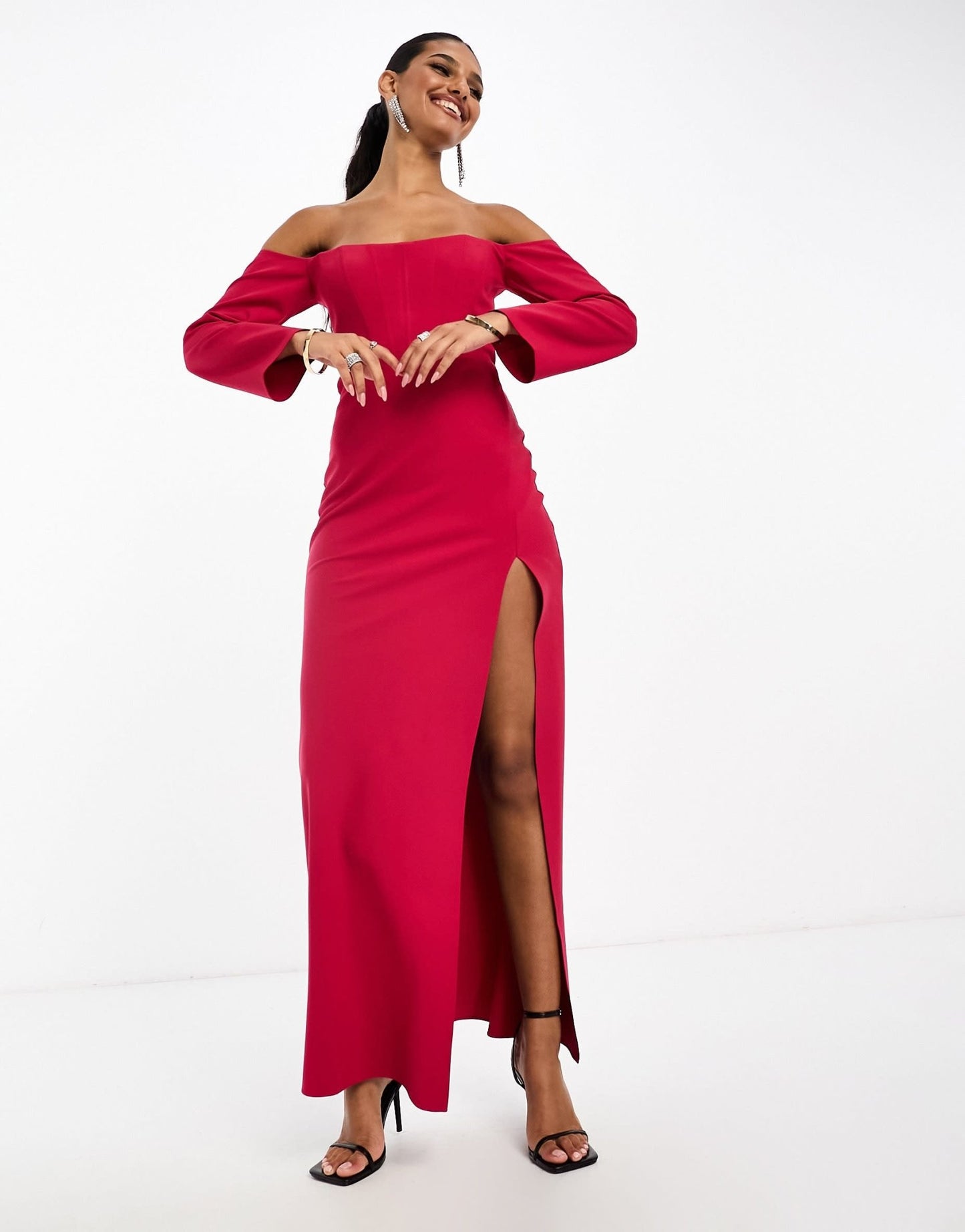 ASOS DESIGN bardot long sleeve maxi dress with corset detail in pink - ASOS Sample Sale